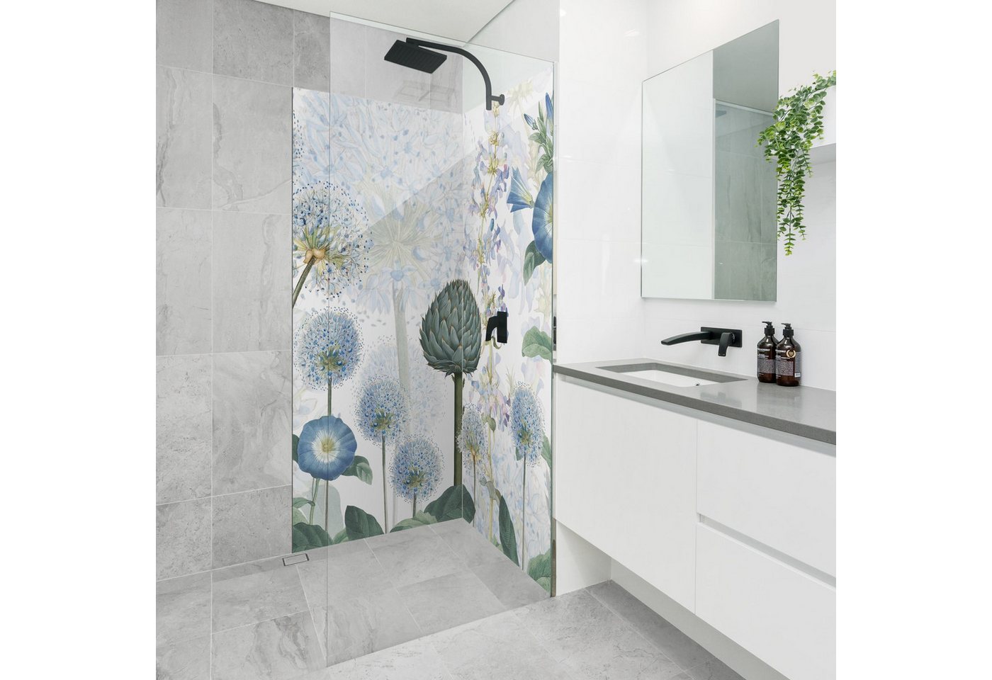 Thumbnail - Bilderdepot24 Badrückwand Blumen blau Duschrückwand ohne Bohren Dusche Aquarell, (2-tlg., Hart-Folie Premium matt 0,61 m...