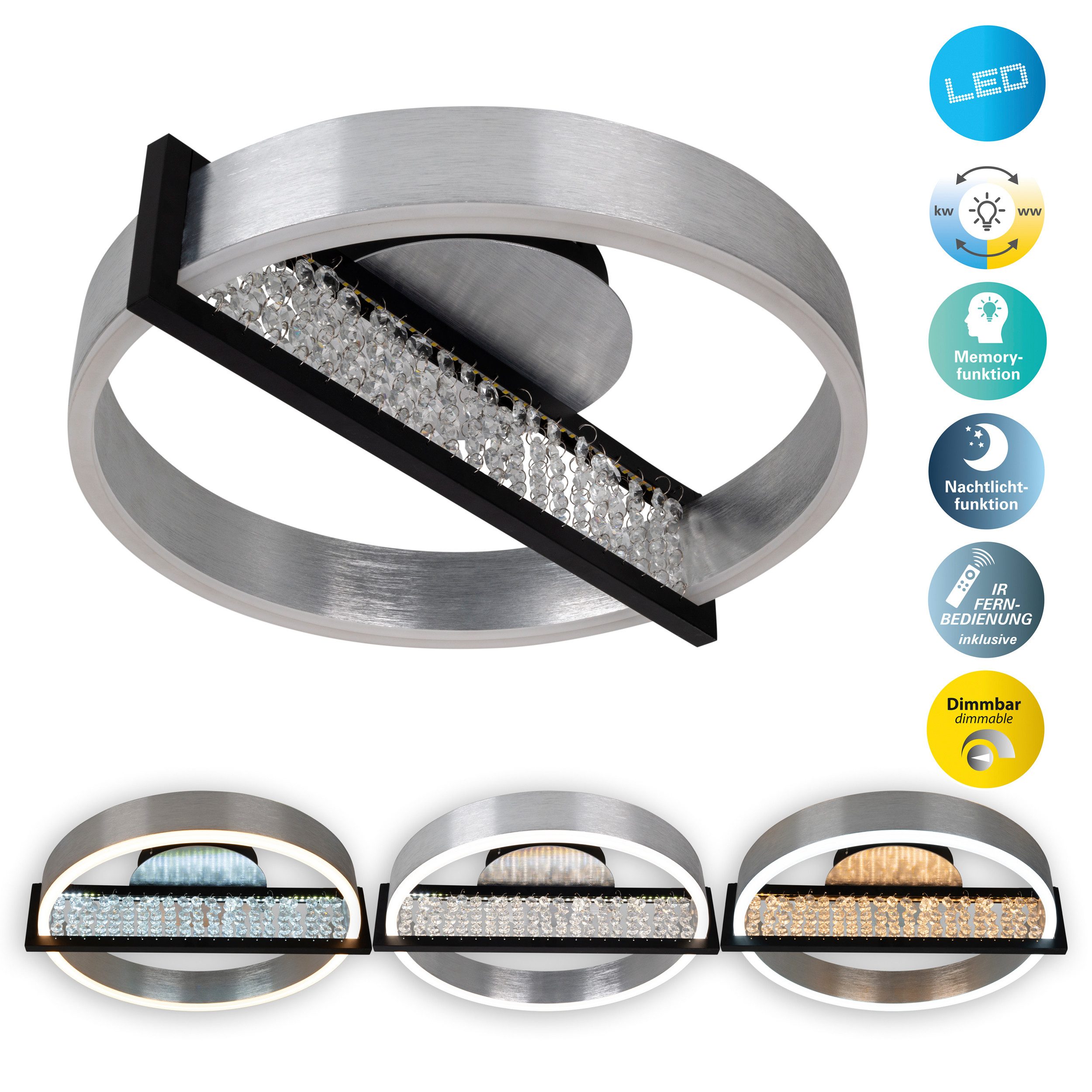 näve LED Deckenleuchte Yvaris, CCT - über Fernbedienung, Dimmfunktion, Memoryfunktion, Nachtlichtfunktion, mehrere Helligkeitsstufen, LED fest integriert, warmweiß - kaltweiß, dimmbar per Fernbedienung, Memory, Nachtlicht, CCT, Kristallelemente