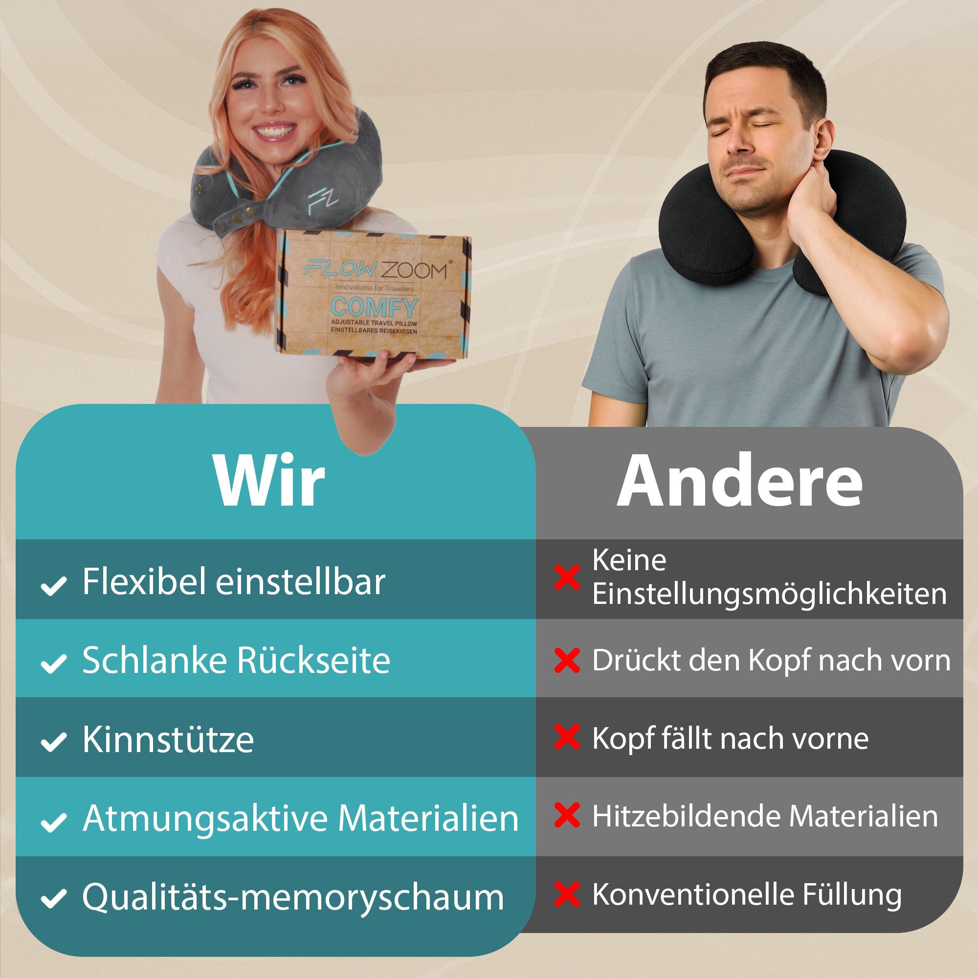 FLOWZOOM Nackenhörnchen COMFY Nackenkissen Flugzeug & Auto – Reisekissen Memory-Schaum, Nackenhörnchen für Erwachsene - Nackenkissen Reisen - verstellbar – Bild 5 von 5