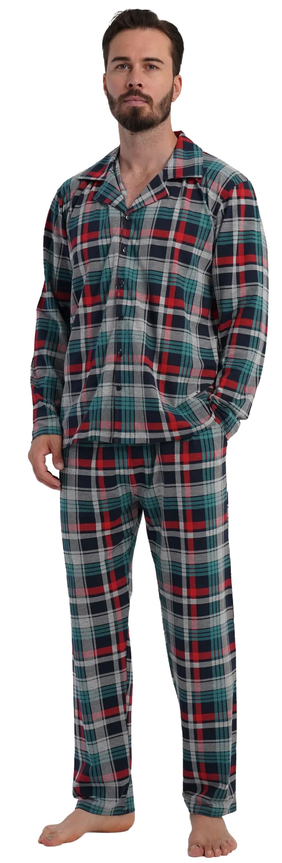 Vienetta Schlafanzug Man (Set, 2 tlg., 2-teilig) Herren Pyjama lang Langarm geknöpft Baumwolle