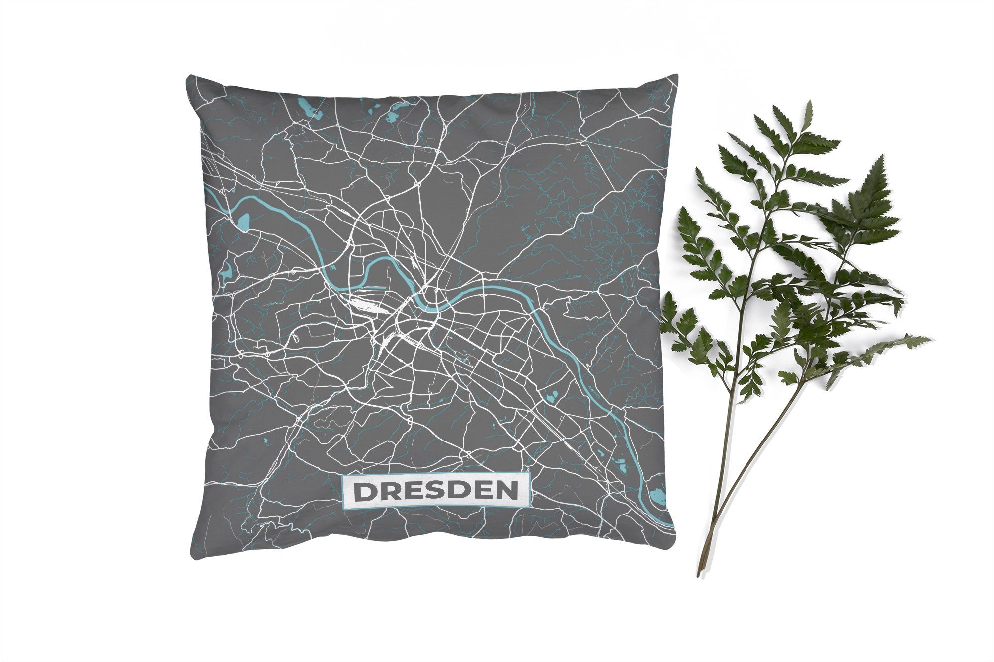 MuchoWow Dekokissen Deutschland - Blau - Dresden - Stadtplan - Karte, Zierkissen mit Füllung für Wohzimmer, Schlafzimmer, Deko, Sofakissen