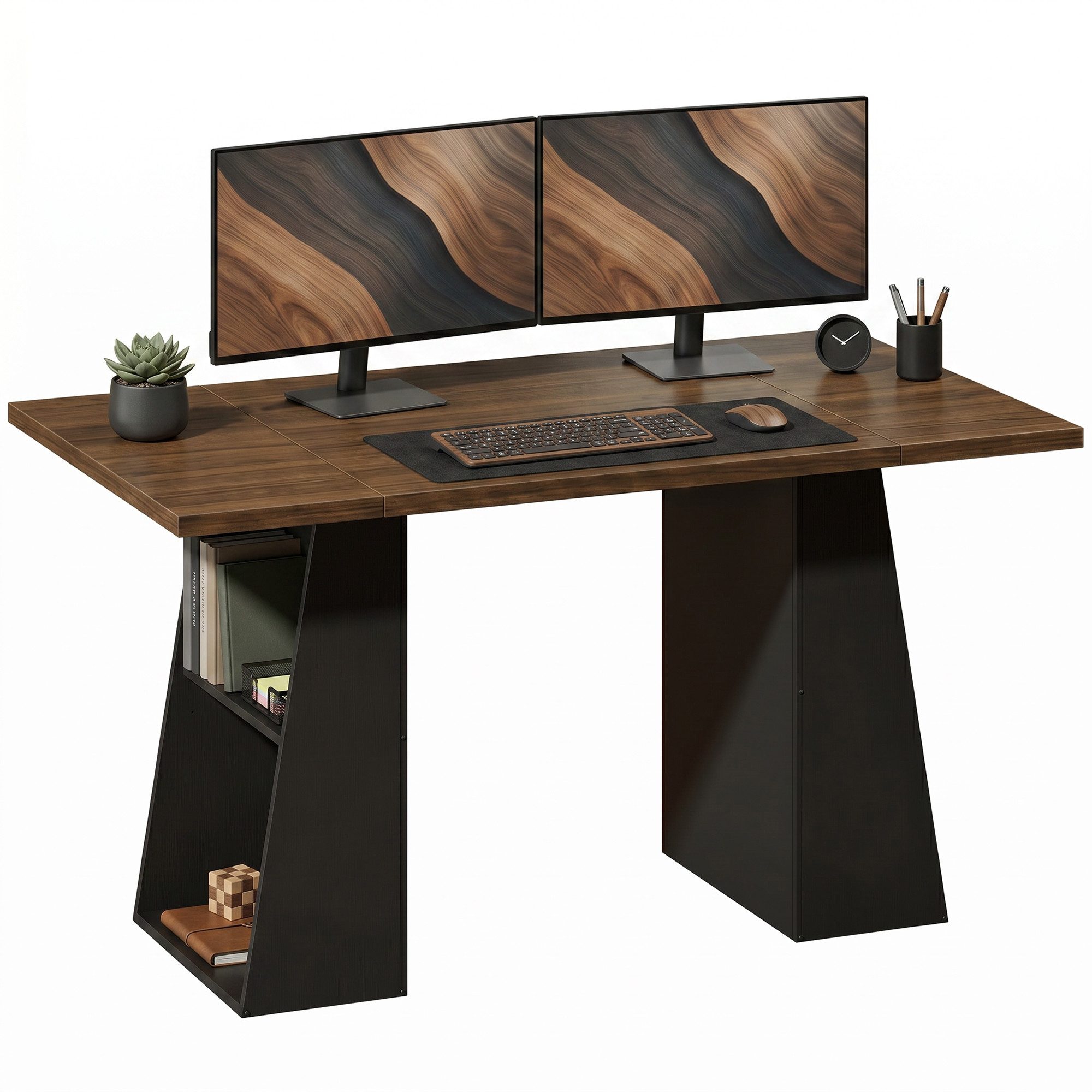 HOMCOM Schreibtisch Computertisch mit Ablagen (nicht anwendbar, 1-St., 1 Tisch), für Home Office und Arbeitszimmer, Braun, Schwarz