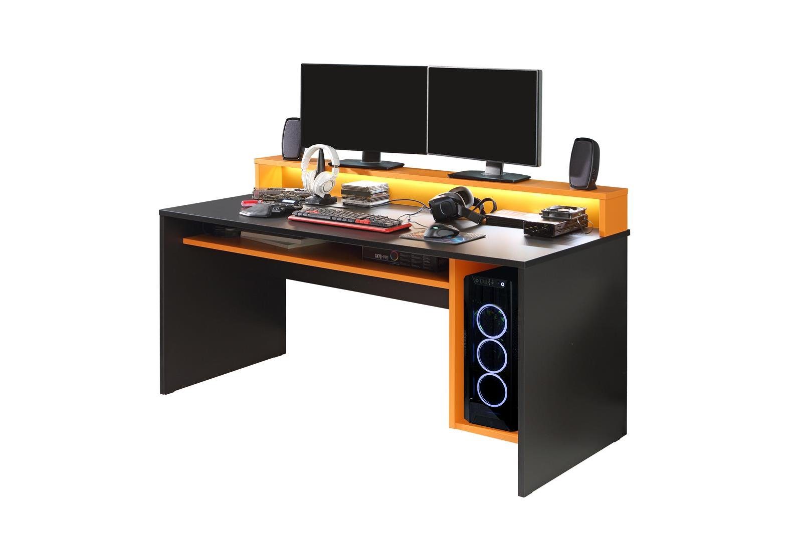 Gamingtisch matt 94 Monitorauflage und x Schreibtisch x / schwarz cm mit in ca. Gaming möbelando 69 orange inkl. B/H/T 160 offene - RGB-Beleuchtung Tamas, Absatz mit Fächer