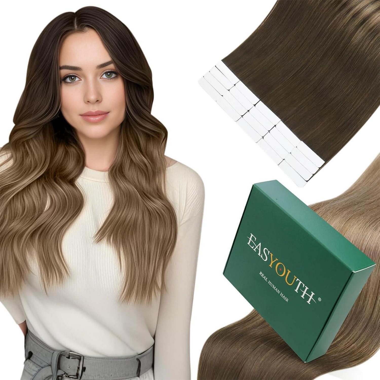 Echthaar-Extension Extensions Tape Echthaar Remy Balayage Braun 1-16 #2 6 18 55 cm