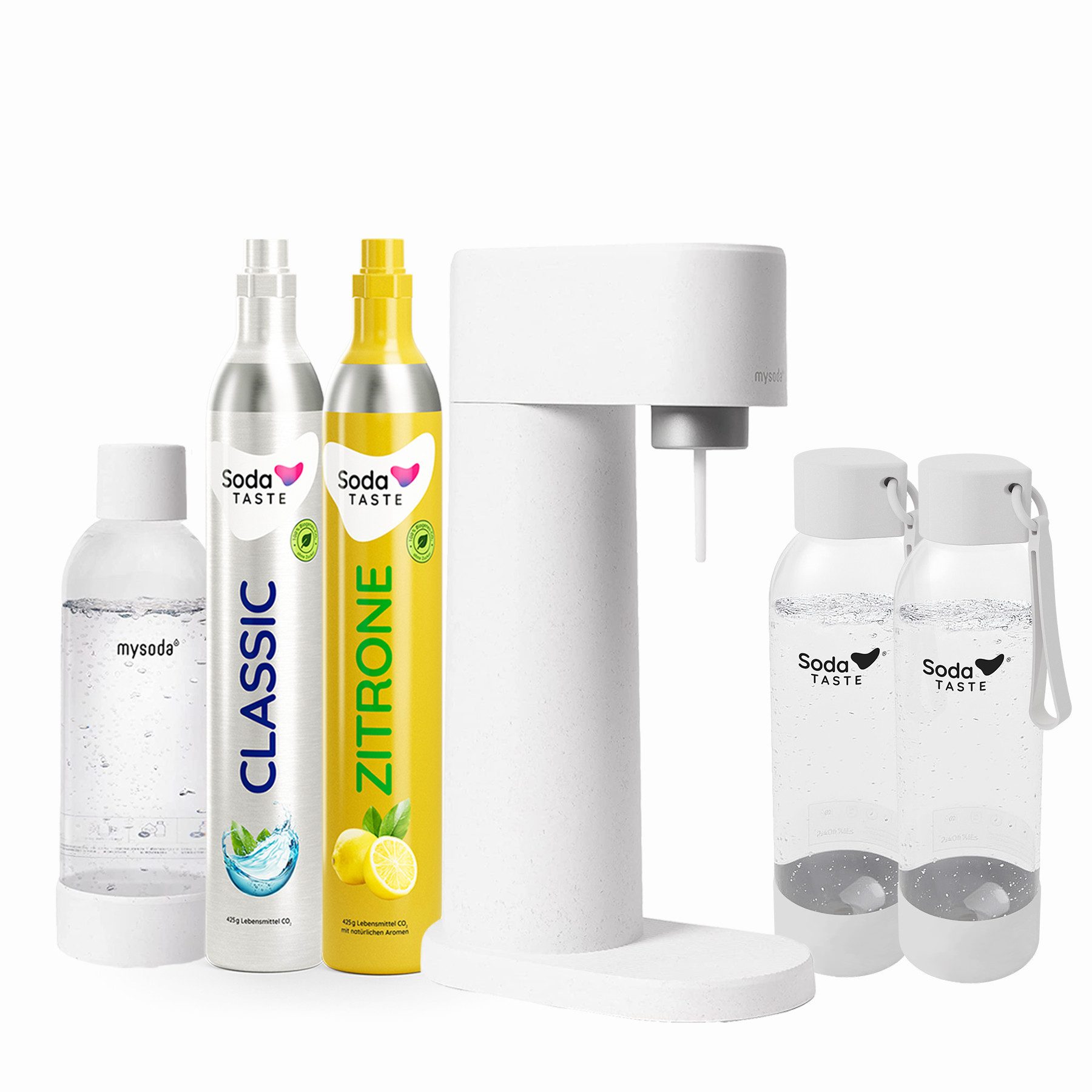 SodaTASTE Wassersprudler Mysoda Woody Wassersprudler – Premium Family-Set (Weiß), Biokomposit, 3x Flasche, Classic-Zylinder, Zitrone-Aroma