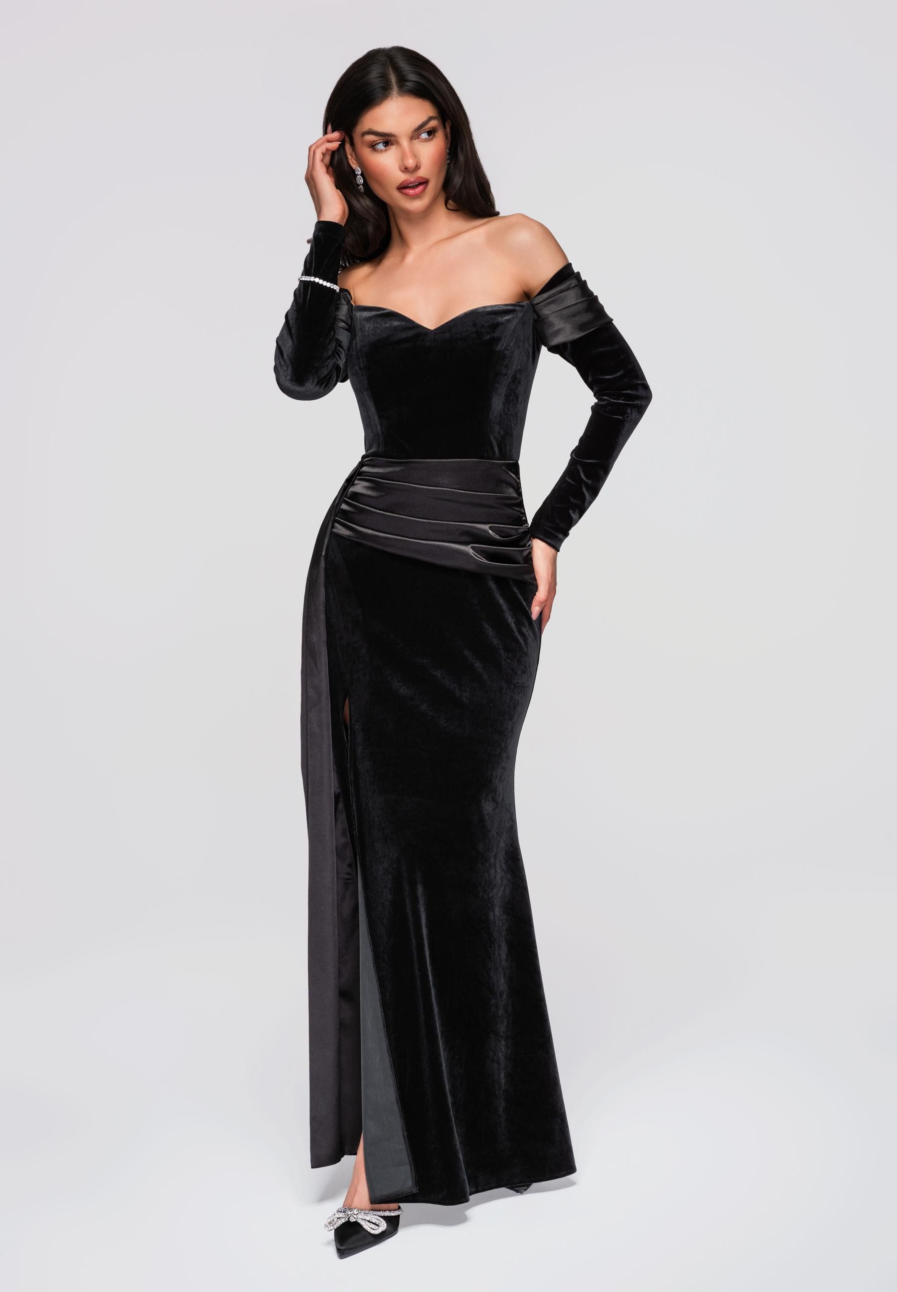OMBRE Abendkleid Damen Abendkleid elegant mit off-the-shoulder Ausschnitt Schwarz XL (kein Set, 1-tlg) in Unifarbe
