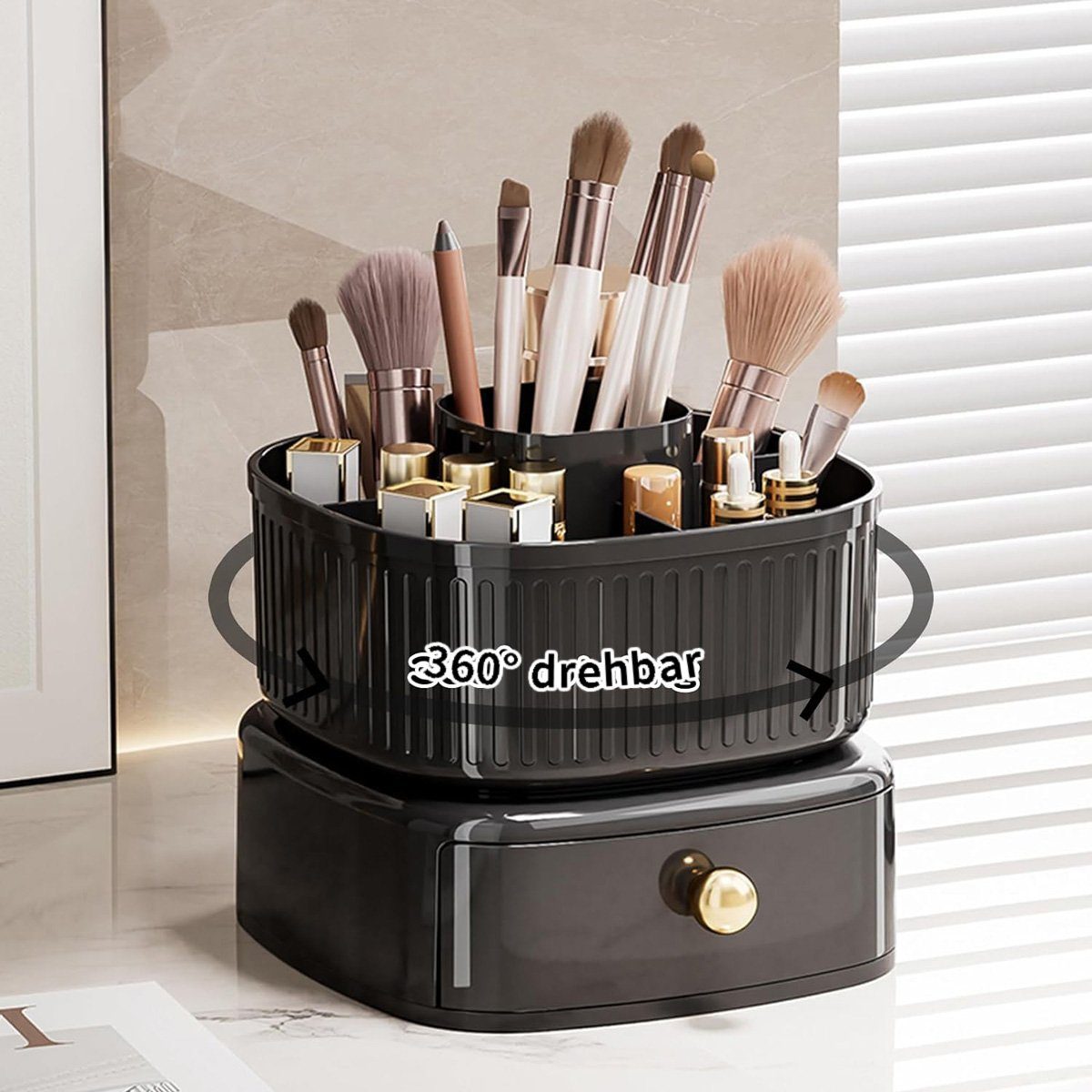 götäzer Make-Up Organizer Leichte Luxus-Kosmetik-Aufbewahrungsbox, 360° drehbare Bürsten-Aufbewahrungsbox mit Schublade Schwarz
