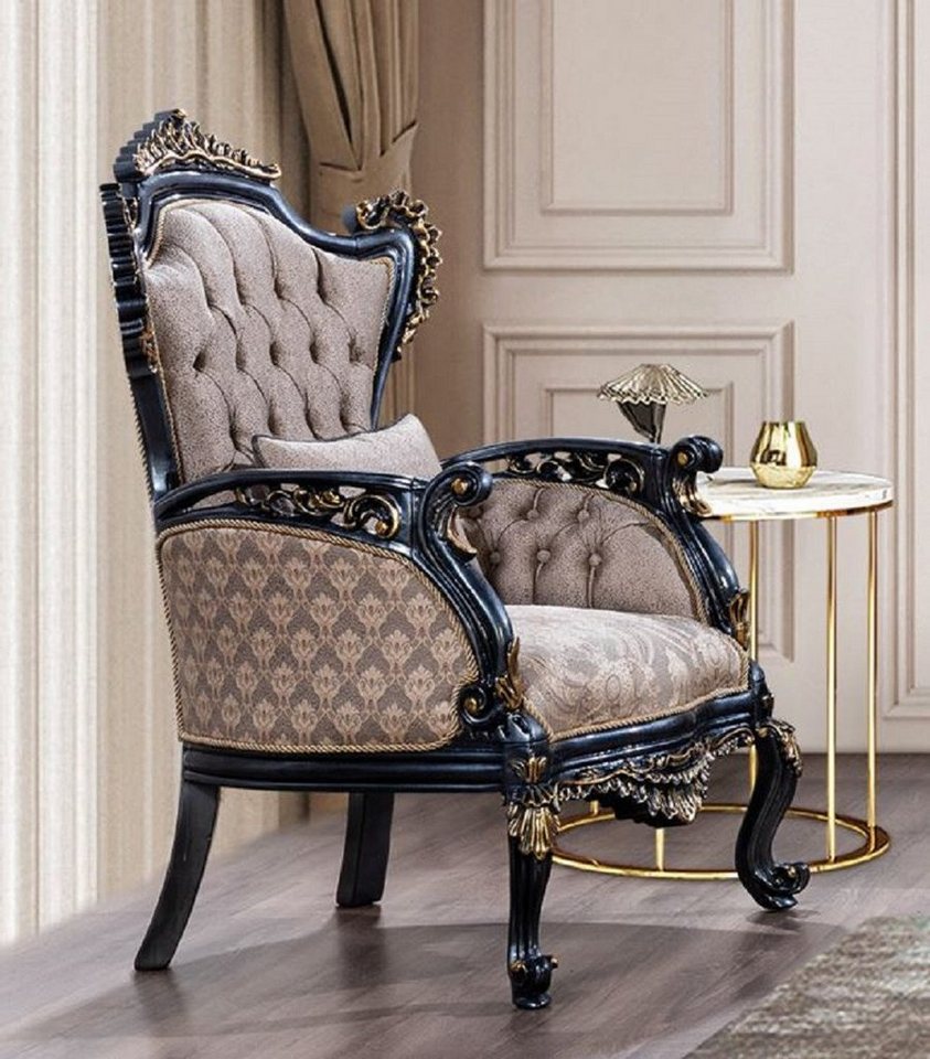 Casa Padrino Sessel Casa Padrino Luxus Barock Sessel Grau / Blau / Gold    Prunkvoller Wohnzimmer Sessel mit elegantem Muster   Luxus Wohnzimmer Möbel  ...