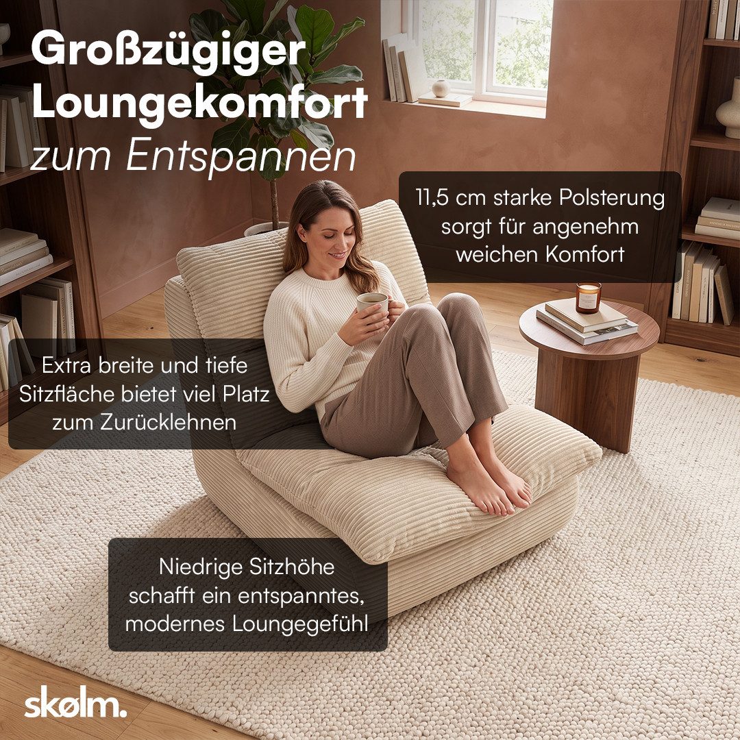 skølm Relaxsessel Sváfa aus Cord/Chenille, dick gepolsterter Vollschaumessel 11,5 cm (Cord, Beige), vakuumiert – ohne Aufbau 