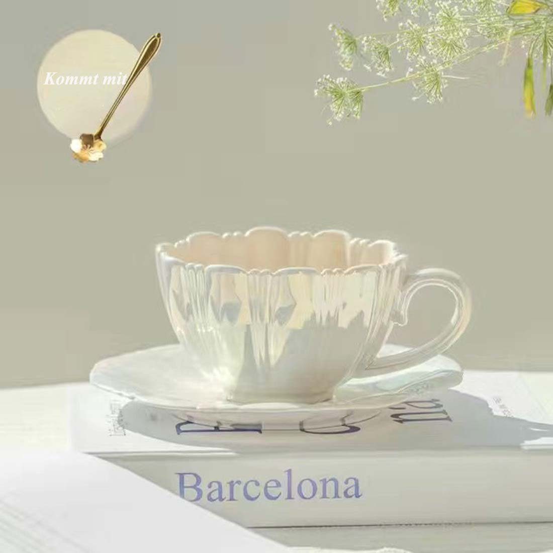 FIDDY Cappuccinotasse Vintage-elegantes Keramik-Kaffeebecher-Untertassen-Set mit Löffel, Blütenblatt-Kaffeetasse, eleganter Retro-Nachmittagstee