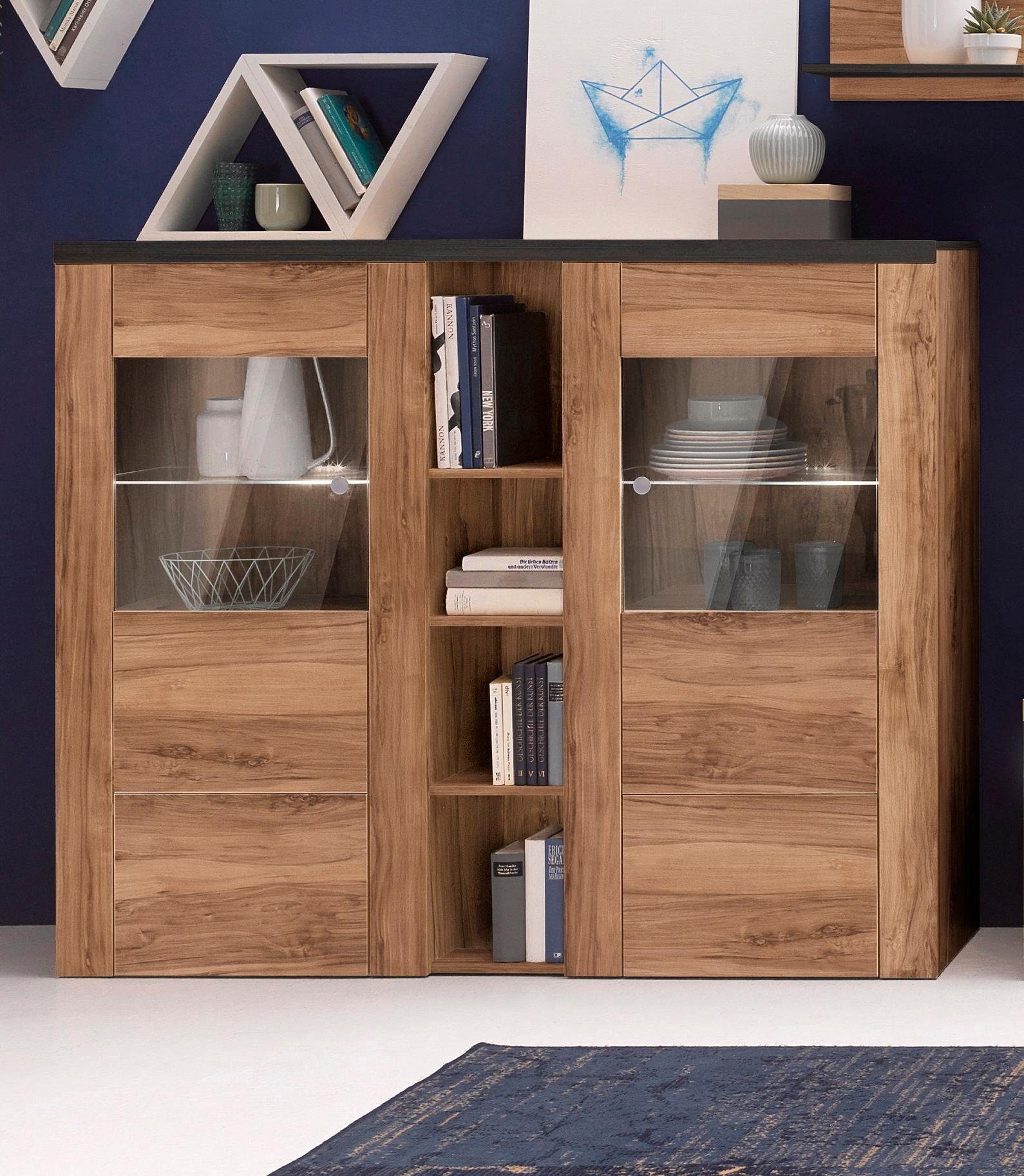 OTTO home Highboard Larona, zeitlose Hochkommode mit 2 Türen, Türkommode, Höhe 129,5 cm, Anrichte mit dekorative Rahmenoptik, Türen mit Glaseinsatz