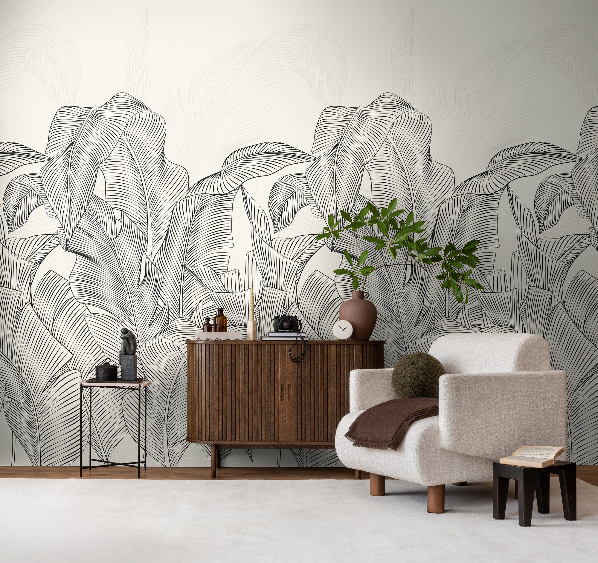 living walls Vliestapete Vibes & Styles Linea Botanica – Jungle Outline Fototapete, leicht strukturiert, floral, (1 St), Minimalistisches Blattdesign mit Linienführung und moderner Eleganz