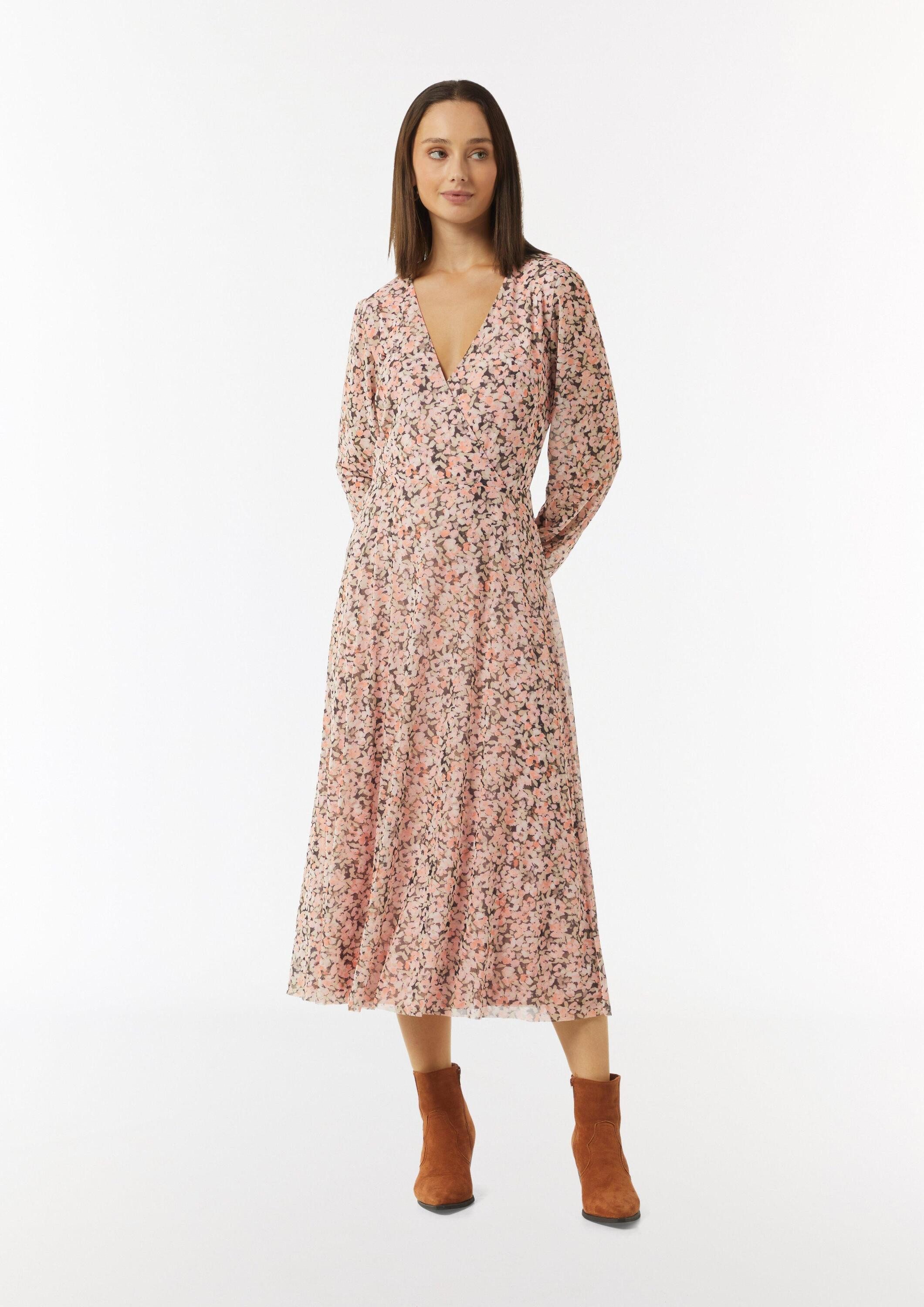 comma Midikleid Kleid Midi-Wickelkleid mit All-over-Print aus Mesh