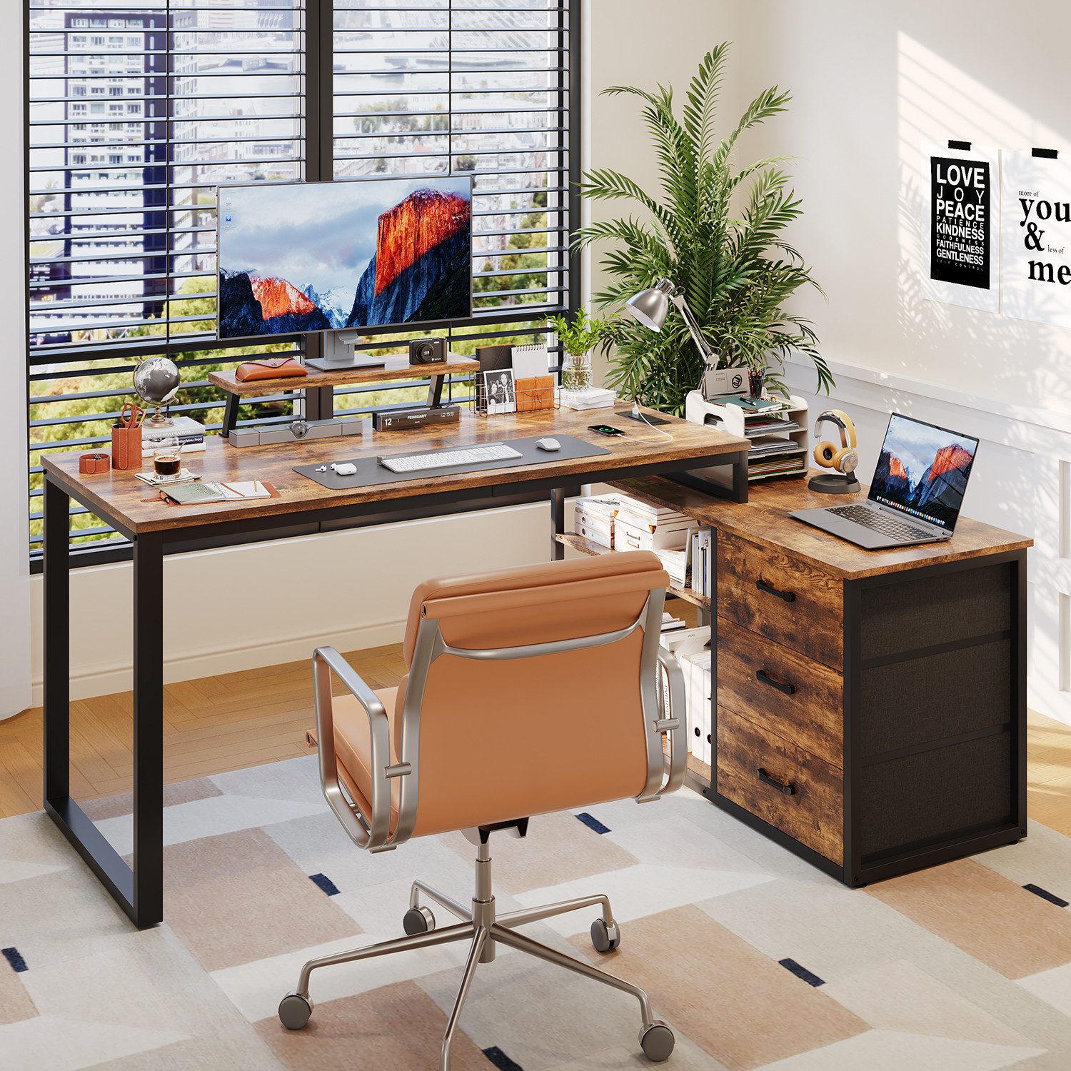 HOMALL Schreibtisch L-förmiger Eckschreibtisch mit USB-Anschluss und zwei Steckdosen. (140 x 100 x 75 cm, mit Monitorständer und Beleuchtung, L-förmiger Schreibtisch/Gaming-Tisch, umwandelbar in einen I-förmigen Schreibtisch, mit drei Schubladen und zwei Fächern)