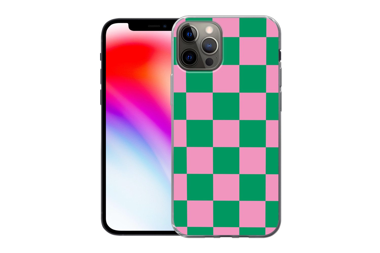 MuchoWow Handyhülle für Apple iPhone 13 Pro Schachbrettmuster - Grün - Rosa - Würfel, Smartphone-Bumper, Print, Handy Schutzhülle Dünn
