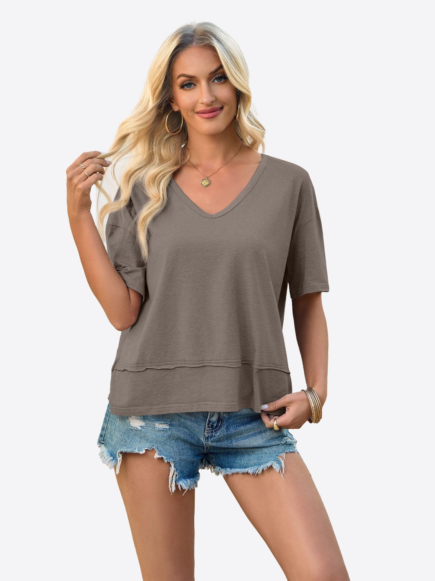 Imily Bela T-Shirt Damen Lässige Kurzärmelige Fließende Oberteile (Packung, 1-tlg., 1per-Pack) einfarbig