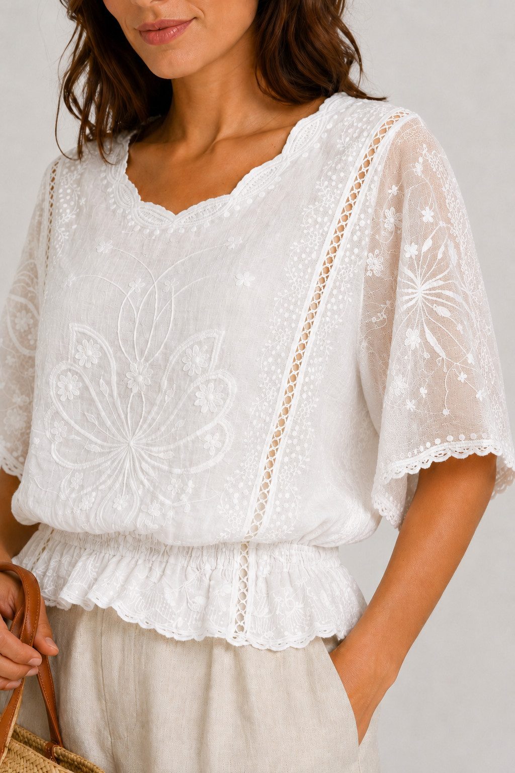 ITALY VIBES Spitzenbluse - Damen Spitzenbluse mit Lochstickerei, Boho Sommerbluse, Kurzarm ONE SIZE, passend für Größe XS bis L