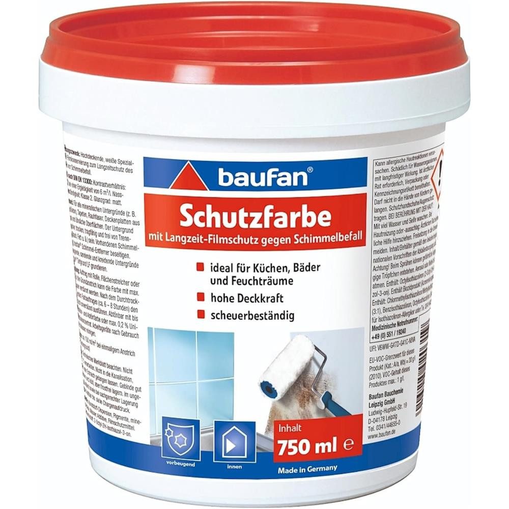 baufan® Wandfarbe Schutzfarbe Langzeit-Schutzfilm für schimmelgefährdete Flächen 0,75-5L, Hohe Deckkraft + Einfache Verarbeitung