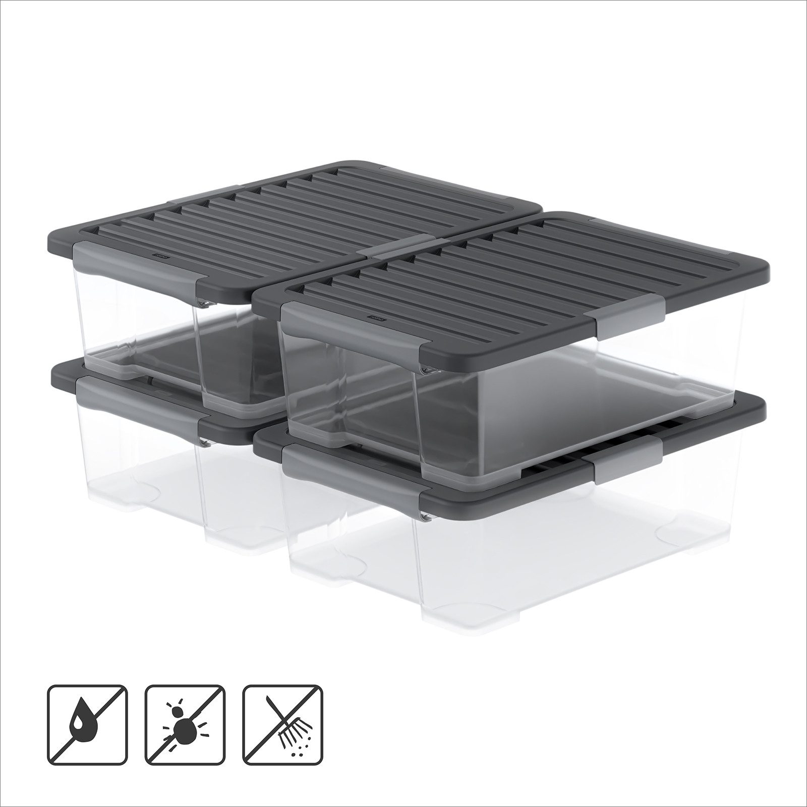 ROTHO Aufbewahrungsbox 4er-Set CORE PRO 30 L stapelbare Box mit gedichteter Deckel (Lagerboxen-Set, 4er-Set), Dichtbox ideal für Kleidung, Vorräte und Haushaltsartikel