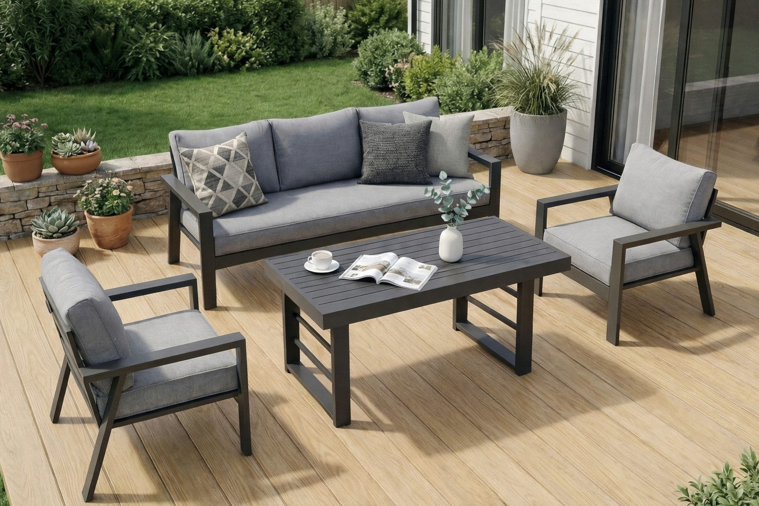MeXo Gartenlounge-Set Gartenmöbel Set Aluminium, (Garten Essgruppe für 5 Personen, 4-tlg., 1×3-Sitzer Sofa, 2×Einzelsessel, 1×Esstisch, 8×Auflagen), Dining Loungeset Outdoor, pflegeleichte Polywood-Tischplatte