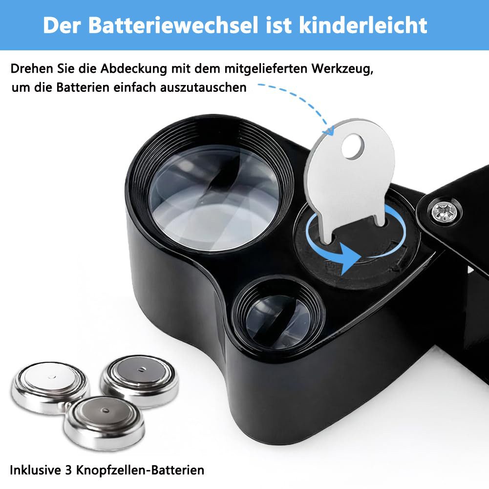 nsihing Lupenbrille Juwelier Lupe, 30X and 60X Vergrößerung, Metall Faltlupe mit LED, für Diamanten, Edelsteine, Schmuck, Briefmarken, Münzen – Bild 5 von 5