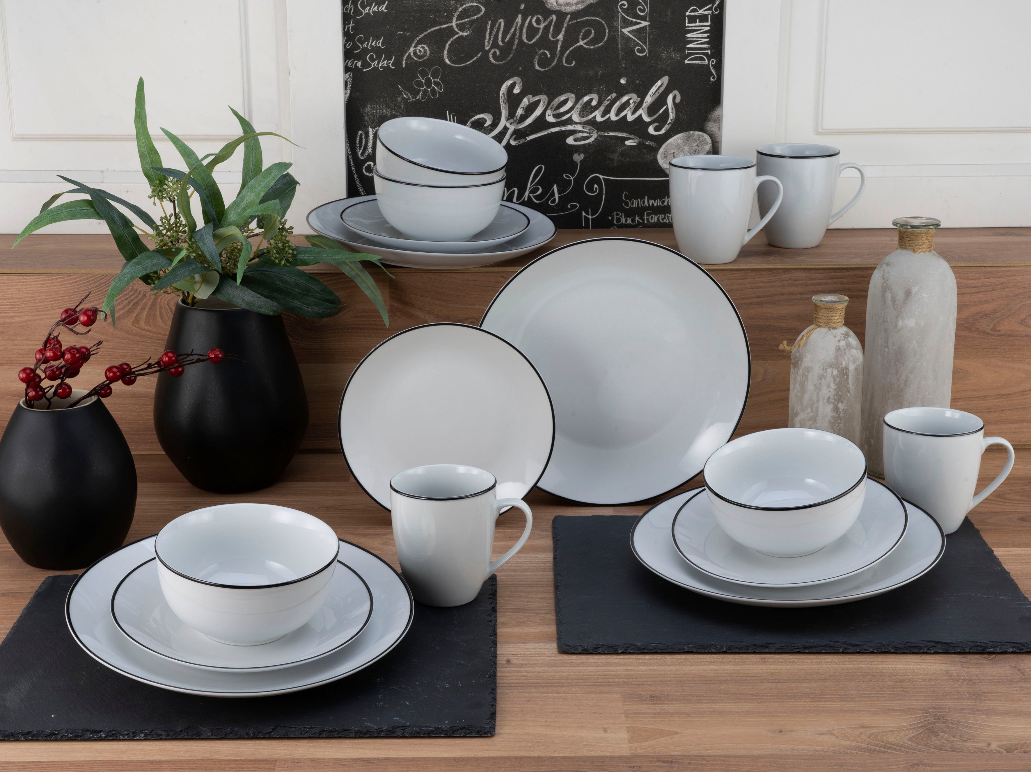 CreaTable Kombiservice Luna Liniendekor (16-tlg), Personen, Line handgemaltes Porzellan, Black 4