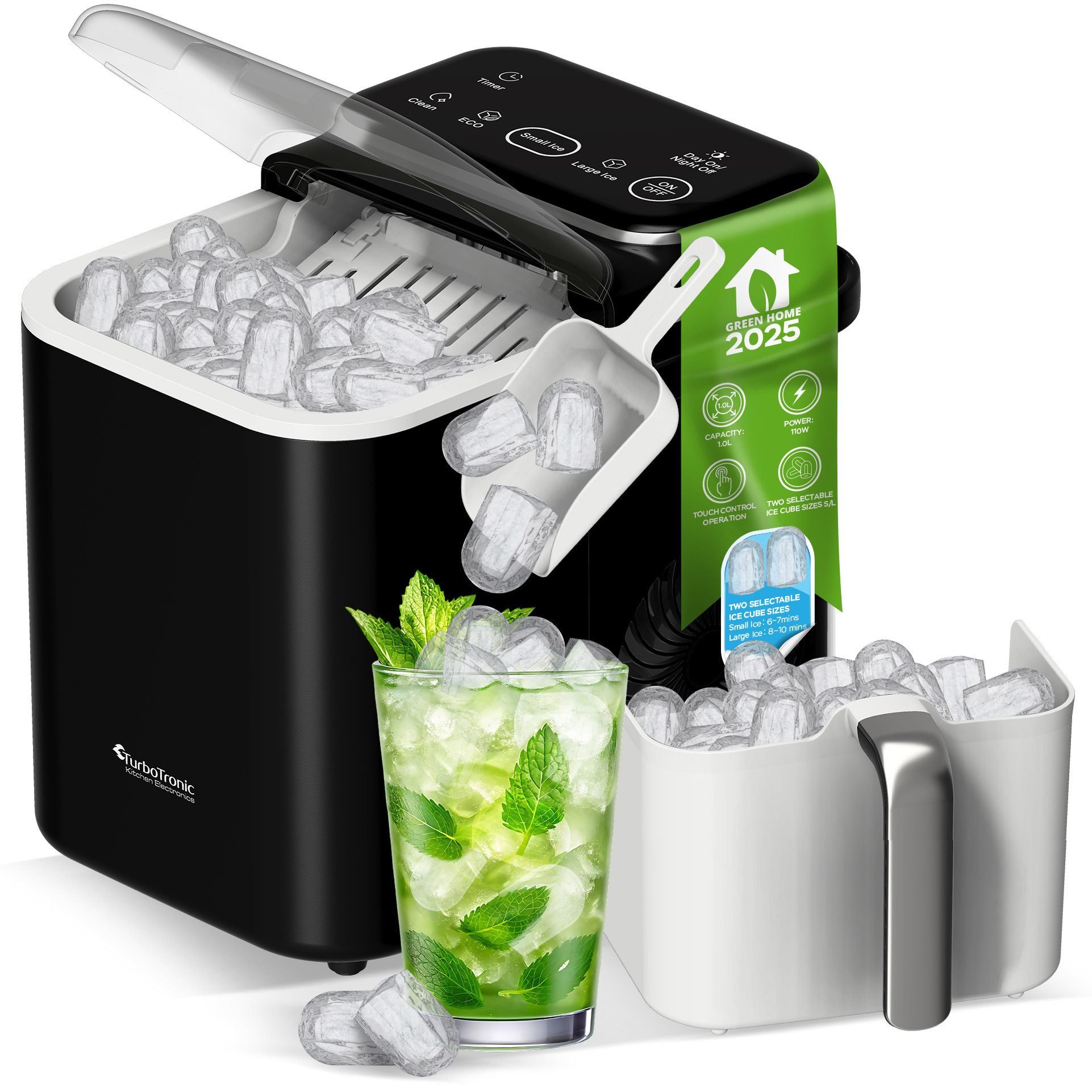 TurboTronic by Z-Line Eiswürfelmaschine 9 Eiswürfel in 6 Min. 2 Eis-Würfel Größen, Selbstreinigung, 12kg / 24h, Eiswürfelbereiter, Ice Cube Maker, 1,5l Tank, tragbaren Griff, < 55 db