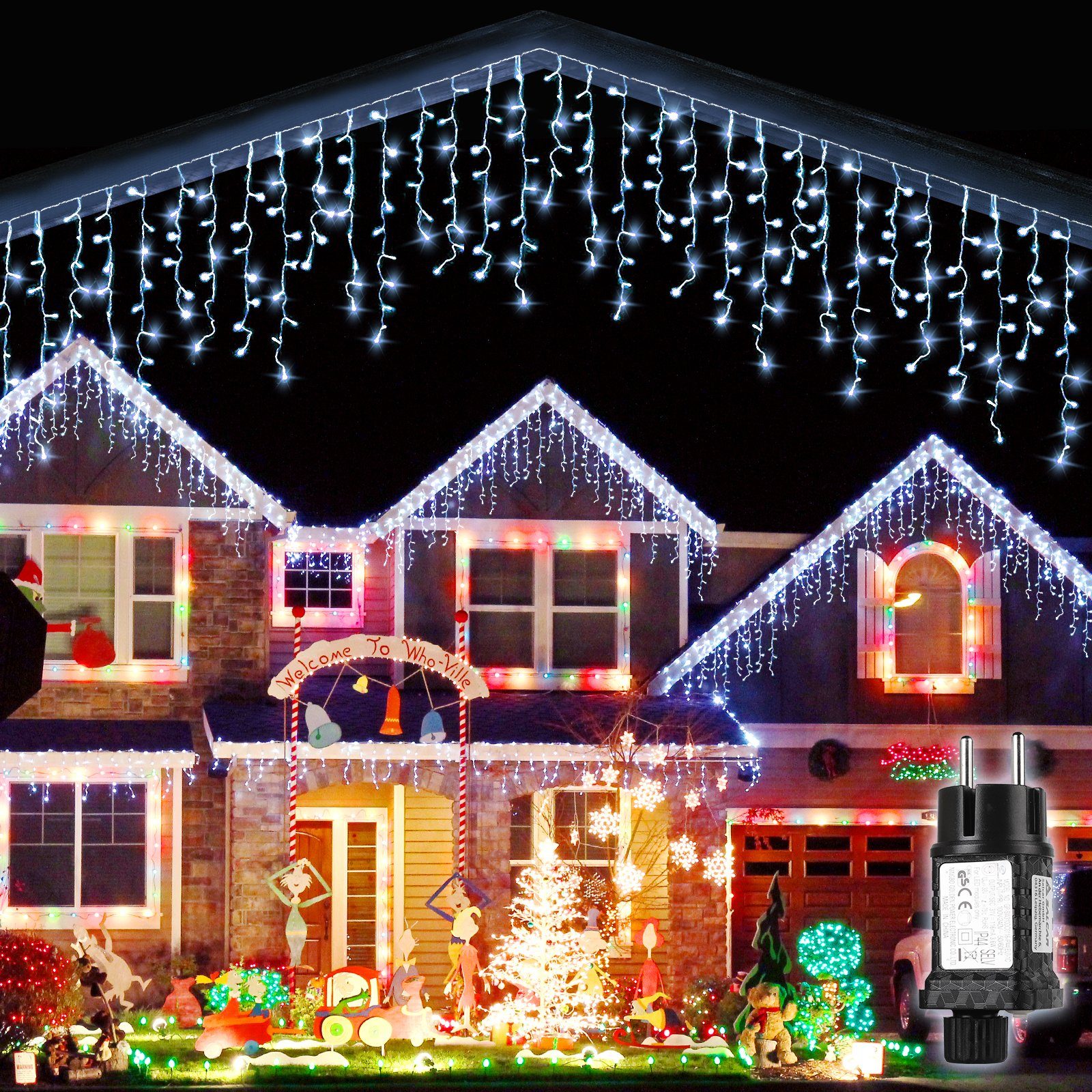 Salcar LED-Lichtervorhang LED 8 Lichterkette Lichtervorhang Kaltweiß, und 10m Wasserdicht, Eisregen Modi Außen Memory-Funktion, Weihnachten
