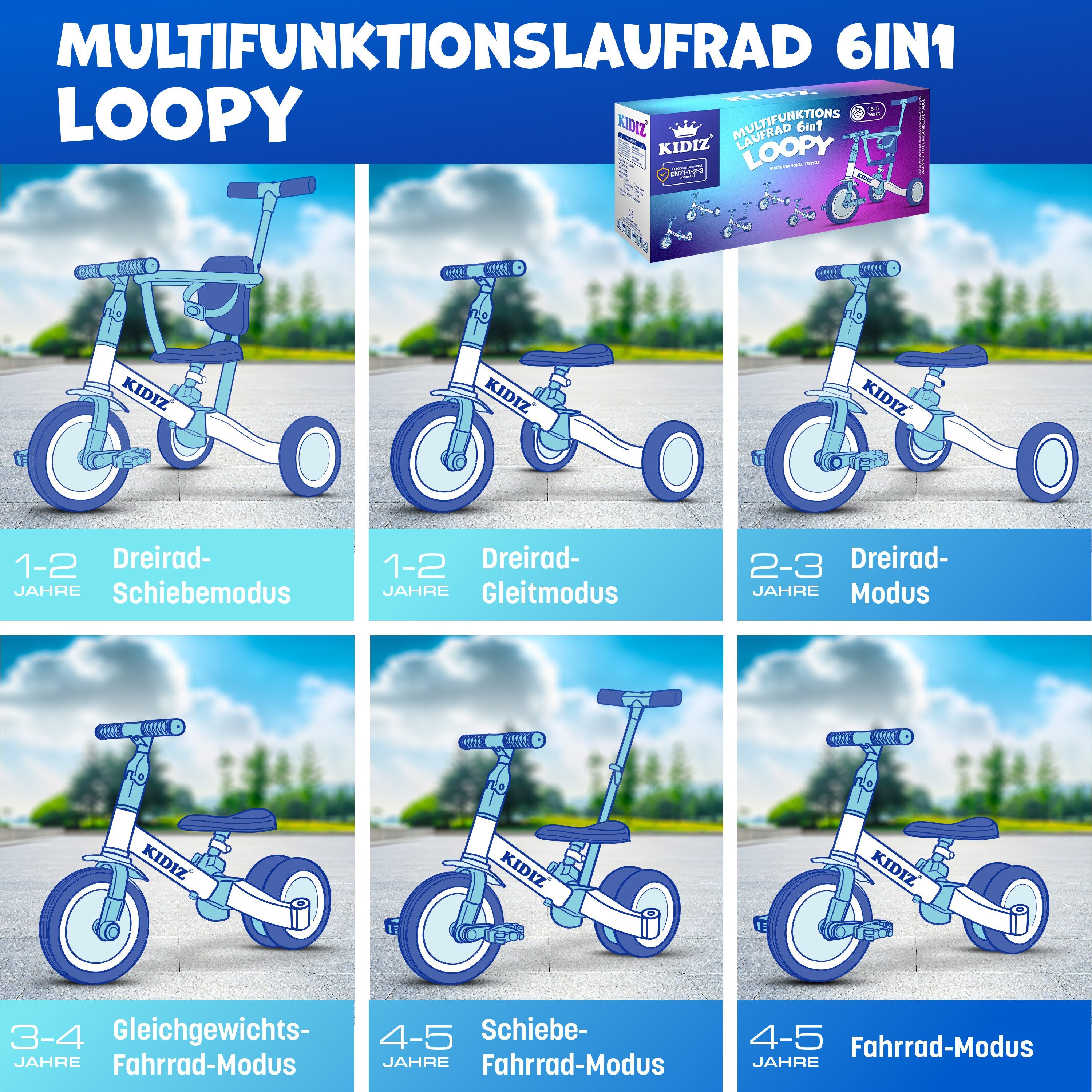 KIDIZ Laufrad, 6in1 Dreirad Loopy Laufräder Lauffahrrad Kinderdreirad