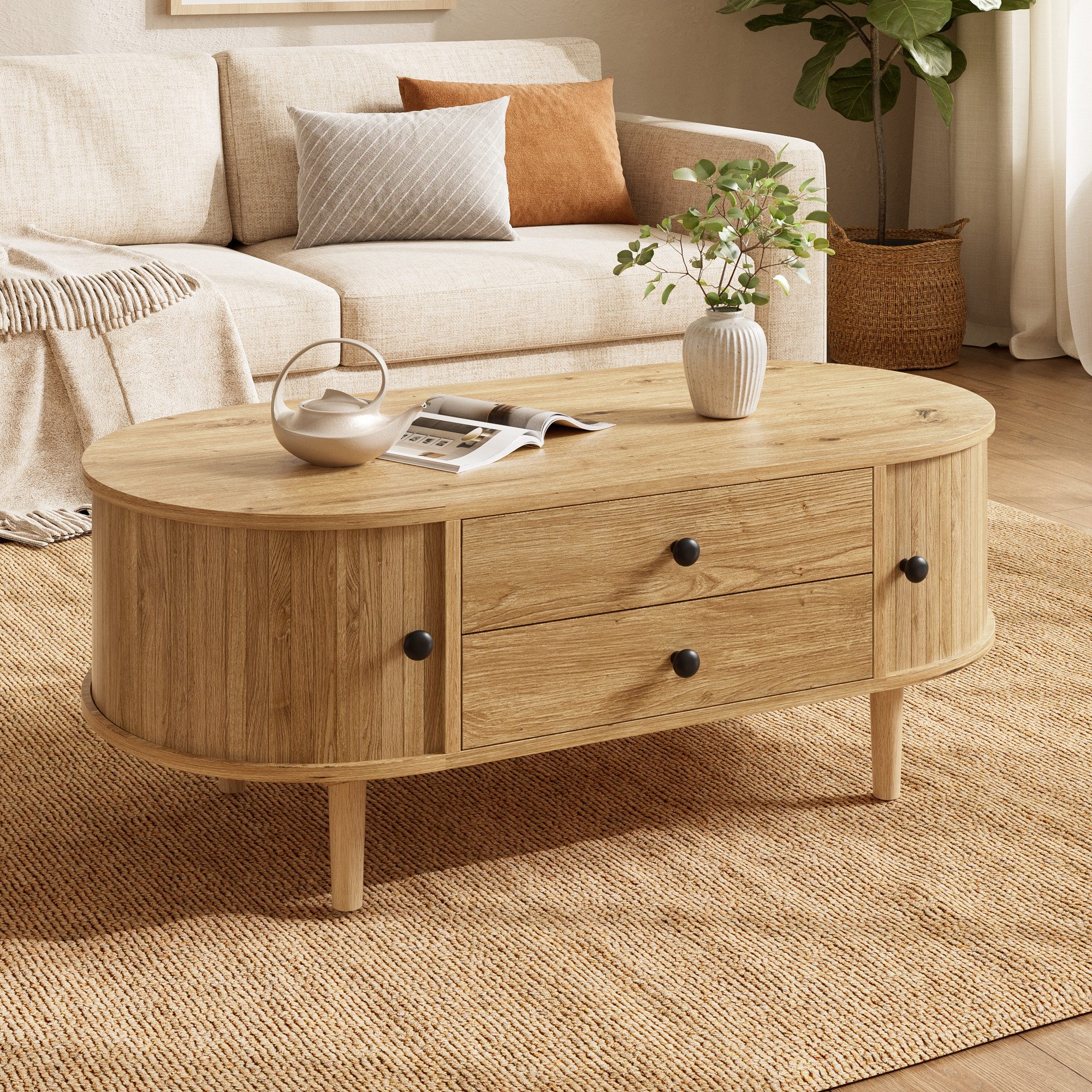 Merax Couchtisch Oval Sofatisch mit vertikalen Leisten in Holzoptik (1-St., 100x50x40 cm), Wohnzimmertisch mit Schiebetüren, 2 Schubladen & …