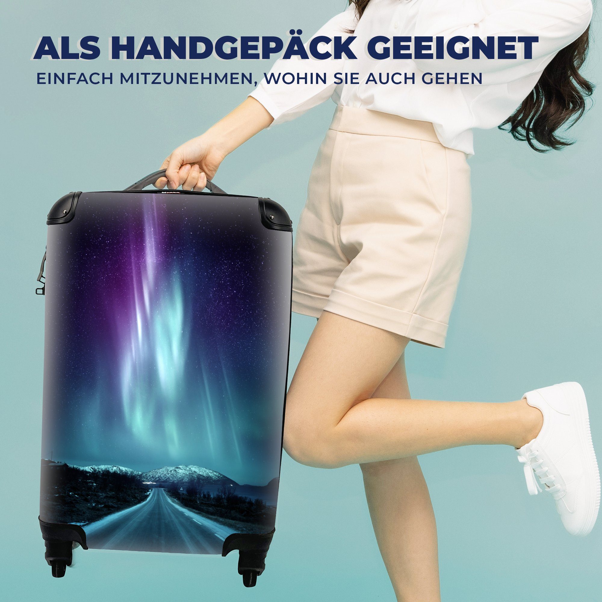 Reisekoffer MuchoWow für Trolley, Reisetasche - 4 Straße, Rollen, rollen, Handgepäckkoffer - Handgepäck Ferien, Schnee mit Nordlichter