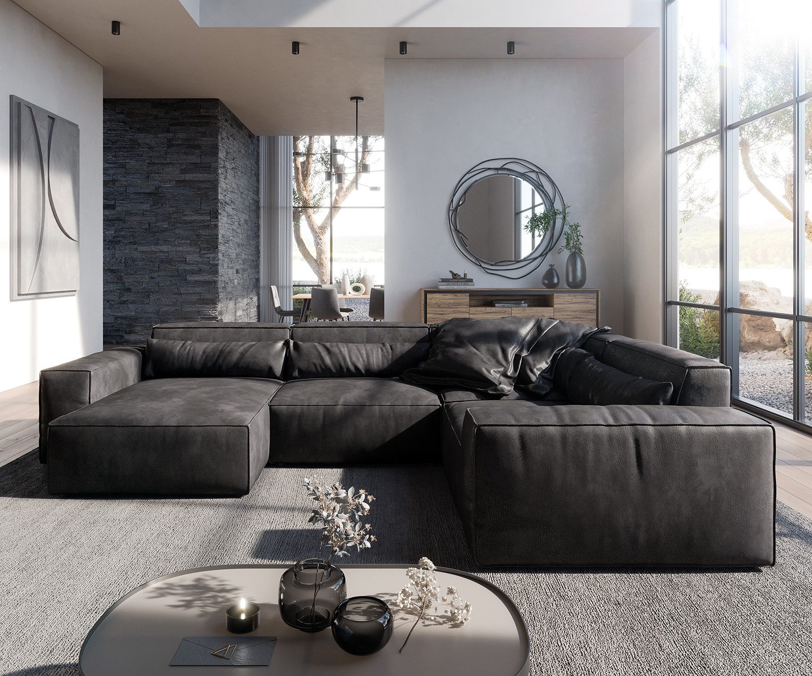 DELIFE Wohnlandschaft Sirpio, Lederimitat Vintage Anthrazit 300x210 cm Reca günstig online kaufen