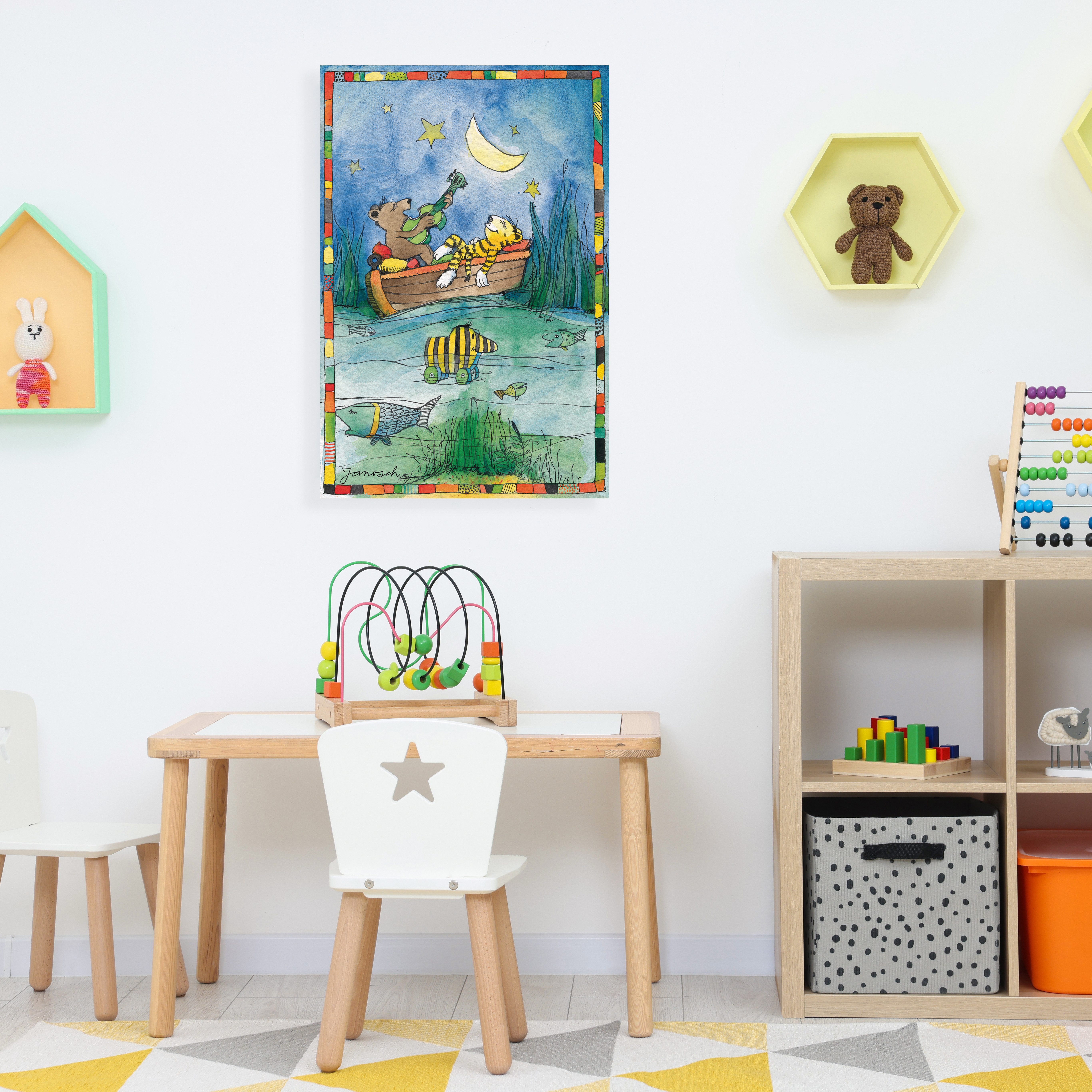 LuckyLinde Leinwandbild Der kleine Tiger und der kleine Bär im Boot, Bär, Bären, Ente, Enten, Figuren, Filmfiguren, Natur, Schiffe, Teddy, Tiere, Tiger, little star (1 St), Exklusive JANOSCH Kindermotive