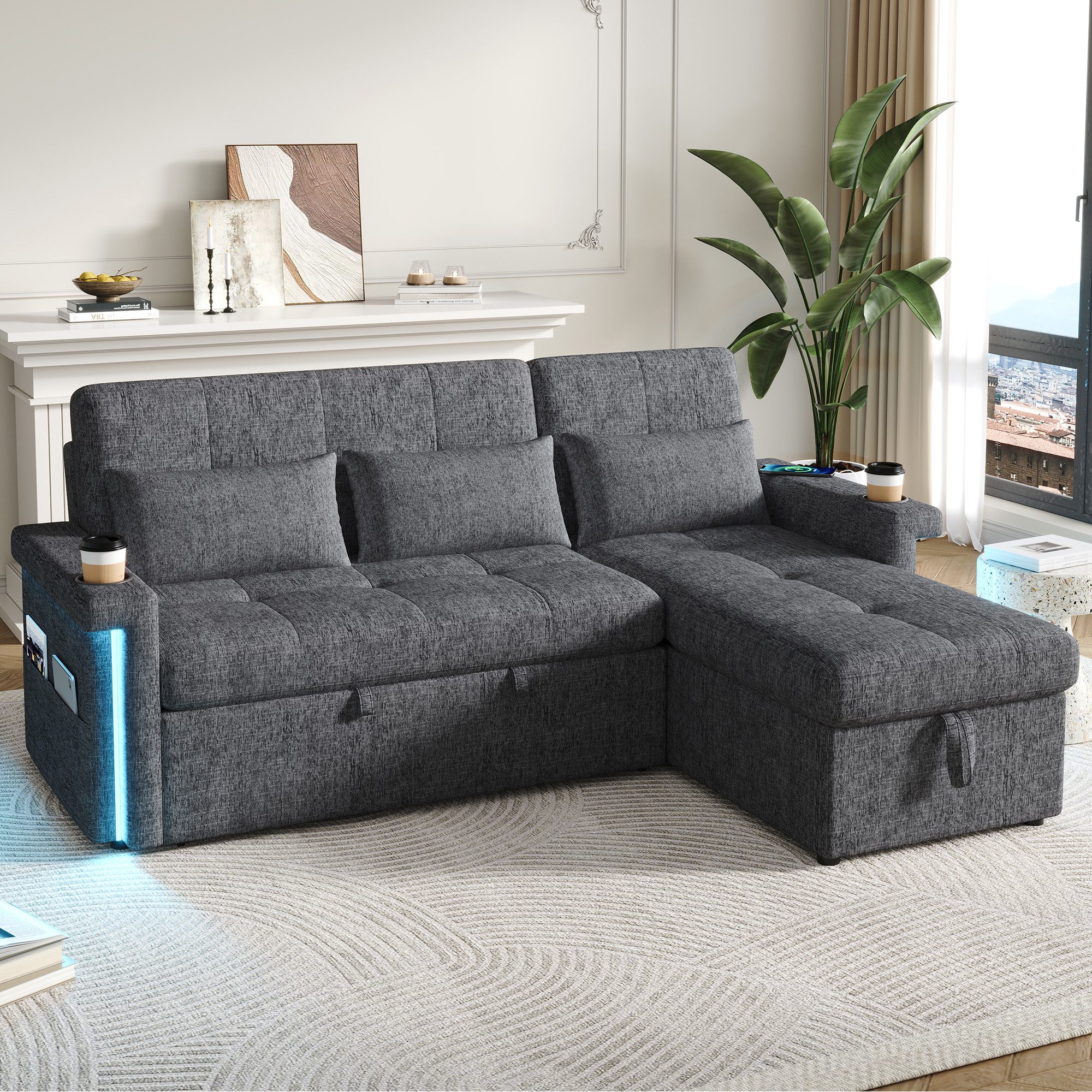 STILVORA Schlafsofa mit Schlaffunktion L-förmiges Ecksofa Multifunktionssofas mit USB&LED, Set 1 Teile, Wohnzimmersofa mit Stauraum, umwandelbar in ein Schlafsofa