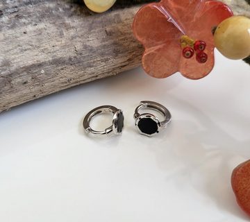 Schöner-SD Paar Creolen Silberohrringe Klappcreolen mit Emaille rund schwarz Kreis, 925 Silber