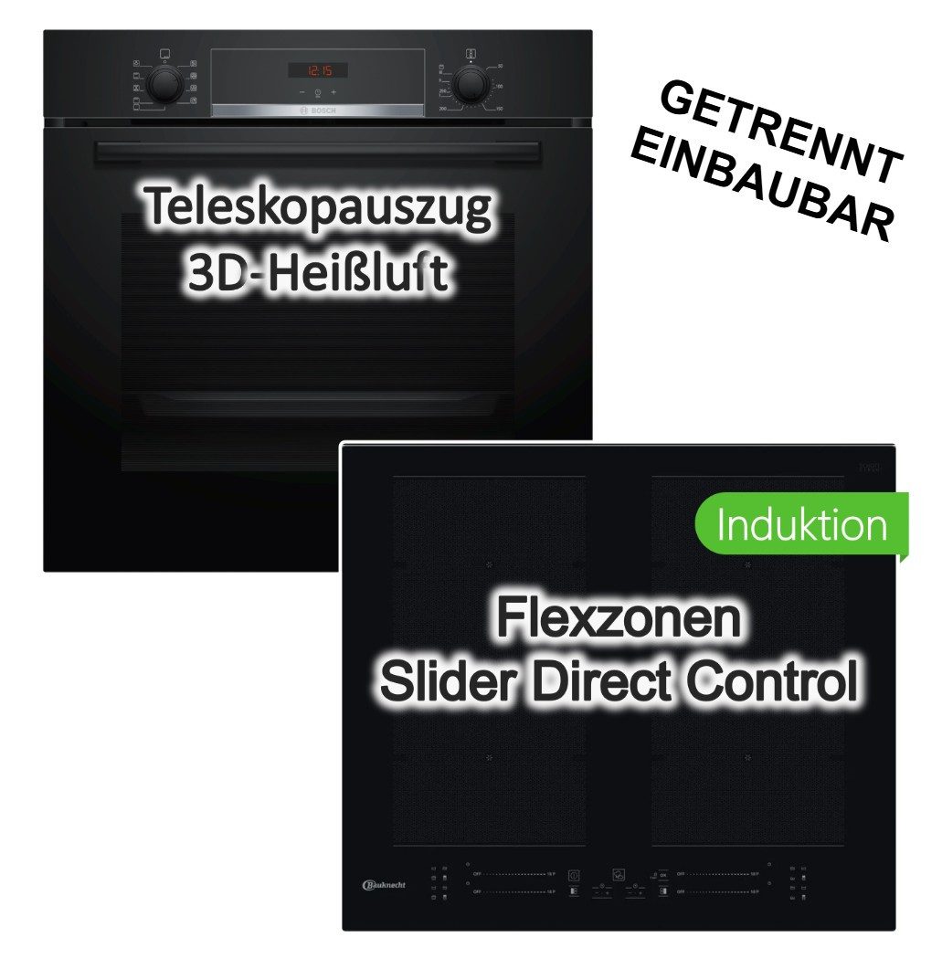 BOSCH Backofen-Set Backofen Hydrolyse Teleskopauszug+ Bauknecht Induktionskochfeld Flex, mit 1-fach Teilauszug, Hydrolyse EcoClean Direct