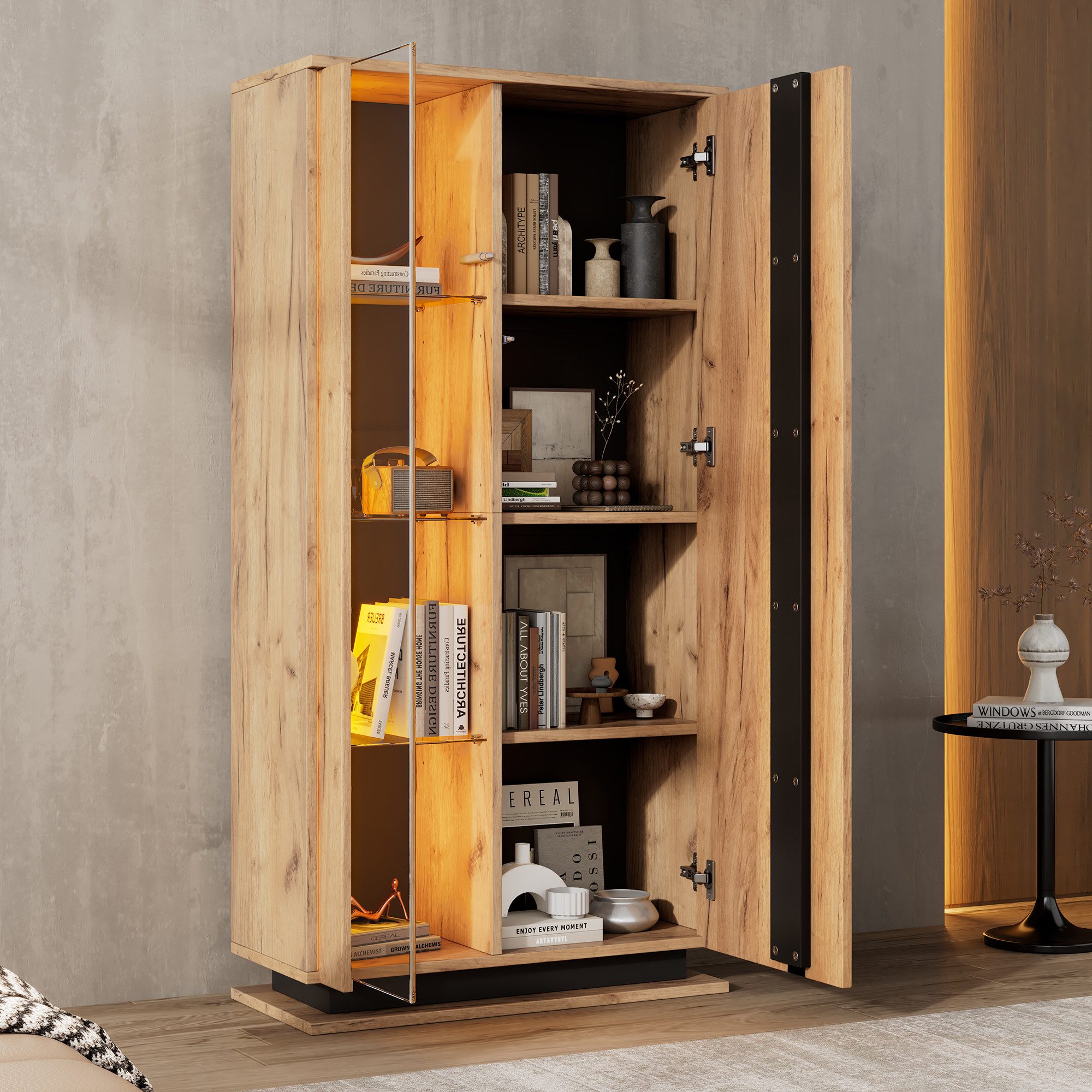 Merax Vitrine mit LED-Beleuchtung in Holzoptik mit Schwarz (Wohnzimmerschra günstig online kaufen