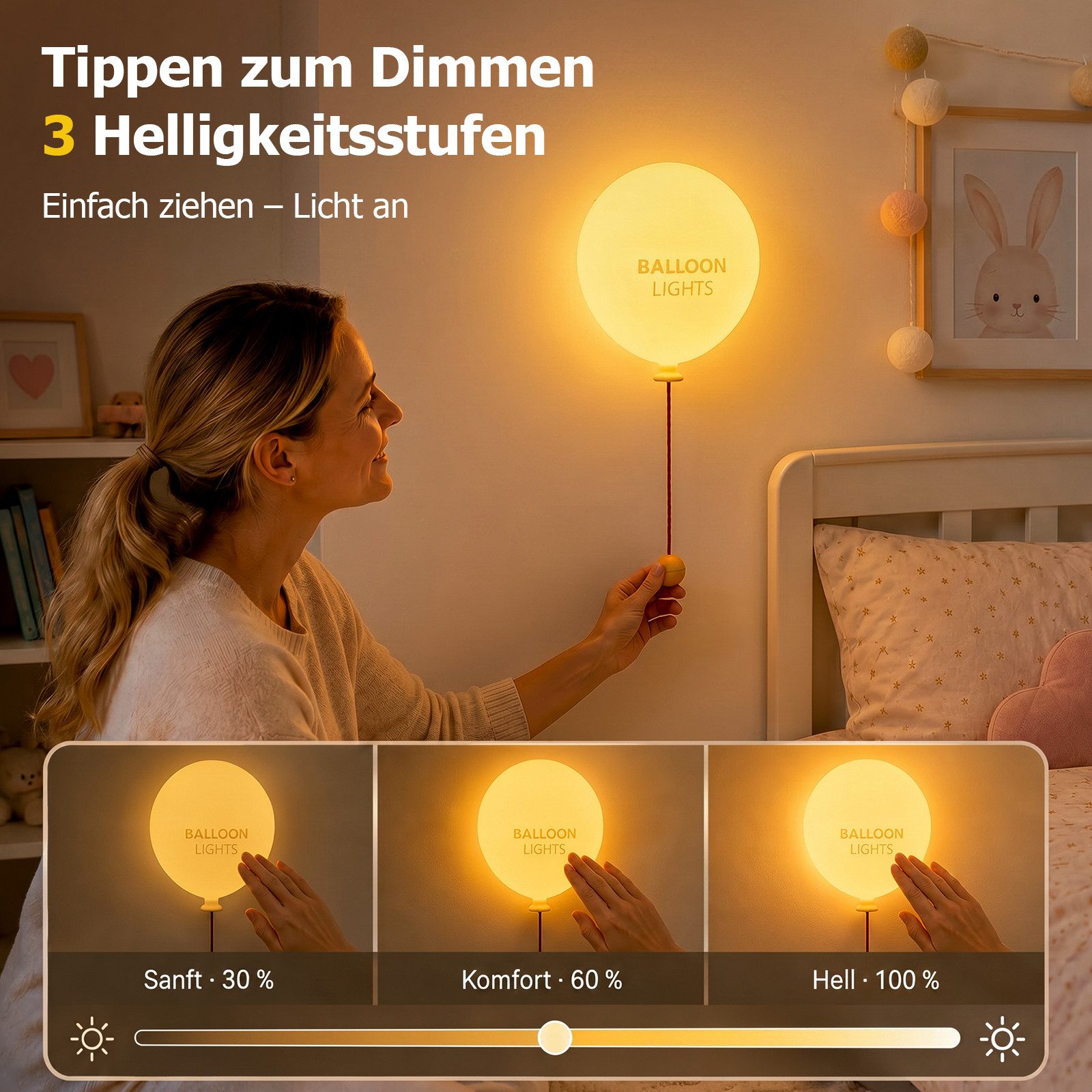 ANYSUN LED Nachtlicht Kinder Silikon Ballon Nachtlampe mit Zugschalter und 1200 mAh Akku, LED fest integriert, Warmweiß, dimmbar, selbstklebend für Kinderzimmer