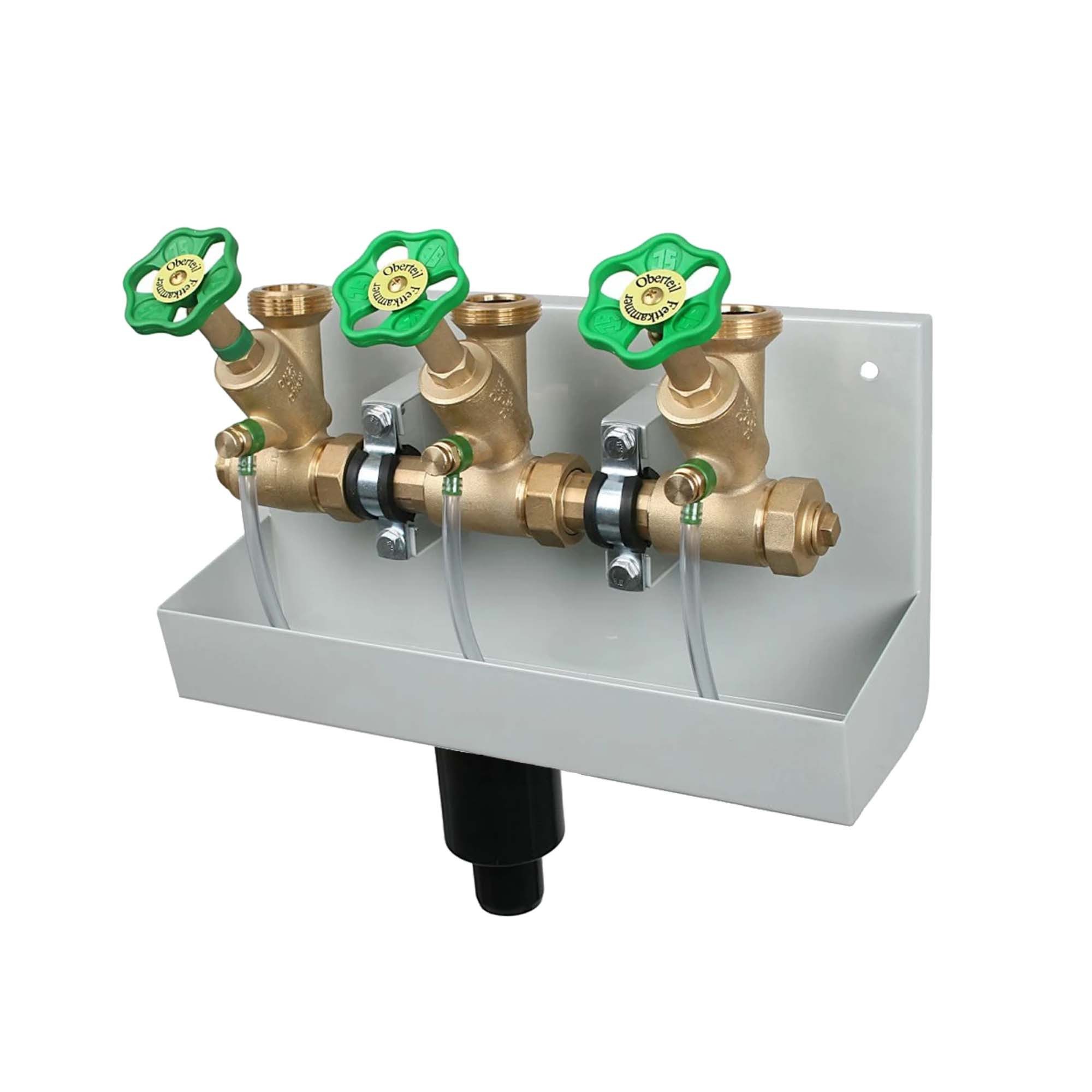 Schlösser Wasserrohr Kompakt-Verteilerstation DN 25/32, mit Ablaufrinne, DIN-DVGW, Messing, 3-Strang, Zulauf 1 Zoll, Zulassungen: DVGW für Trinkwasser