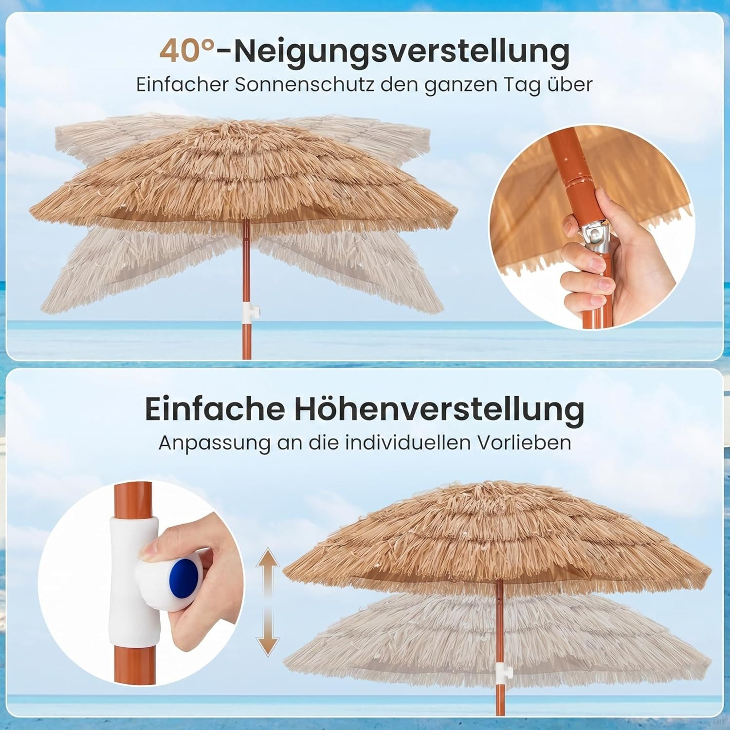 KOMFOTTEU Sonnenschirm Hawaii Strandschirm, mit Neigungsfunktion & verstellbarer Höhe – Bild 3 von 5