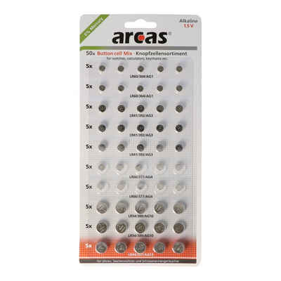 Arcas Alkaline Batterie 1,5V Set 50 Stück bestehend aus 357, 364, 377, 389, Fotobatterie, (1,5 V)