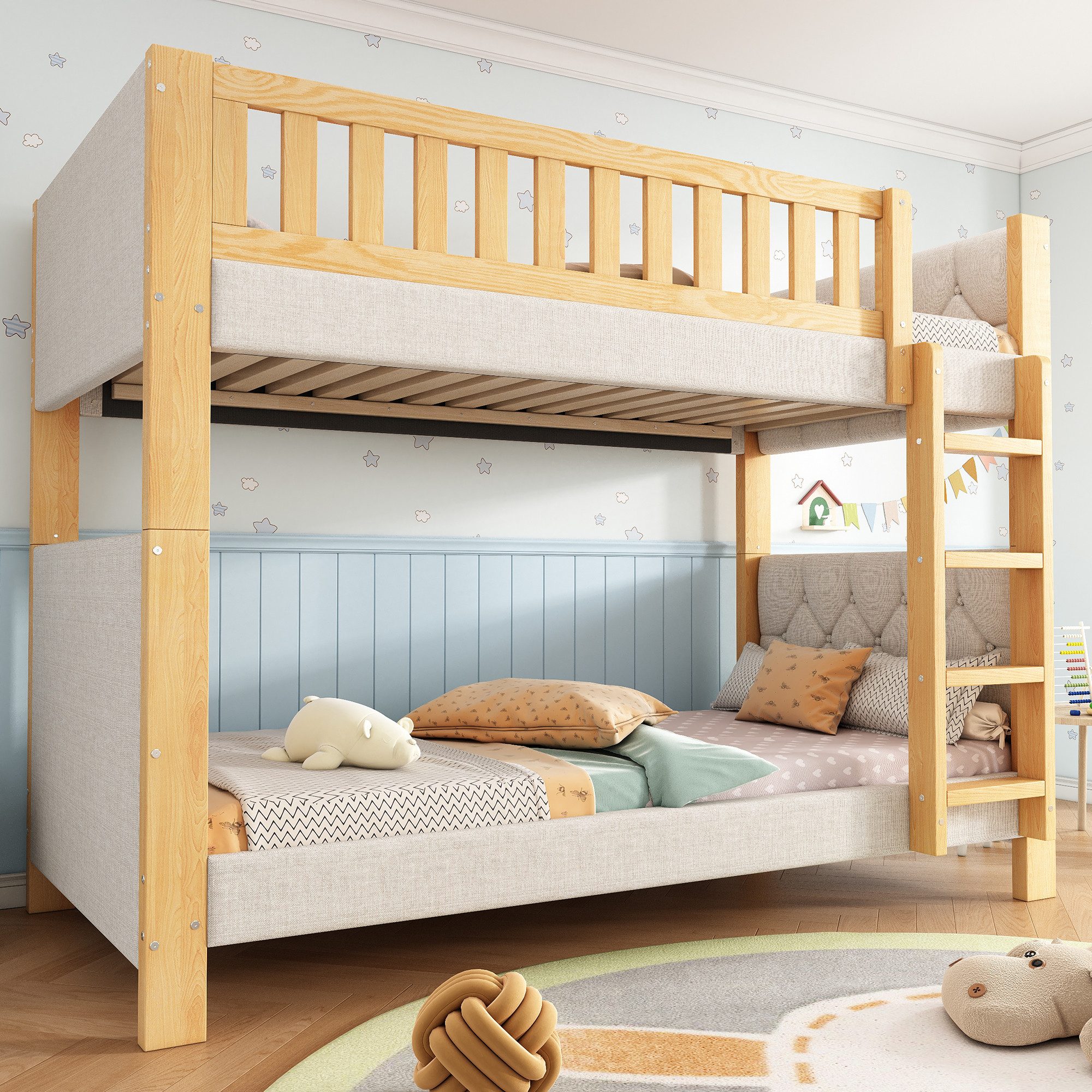 HAUSS SPOLE Etagenbett 90x200 Kinderbett Lattenroste,Stockbett vierstufiger Treppe,Grau+Natur (mit Antikollisions-Schutz, gerader 4-Stufen-Treppe & stabilen Lattenrosten, 90x200 cm), ohne Matratze