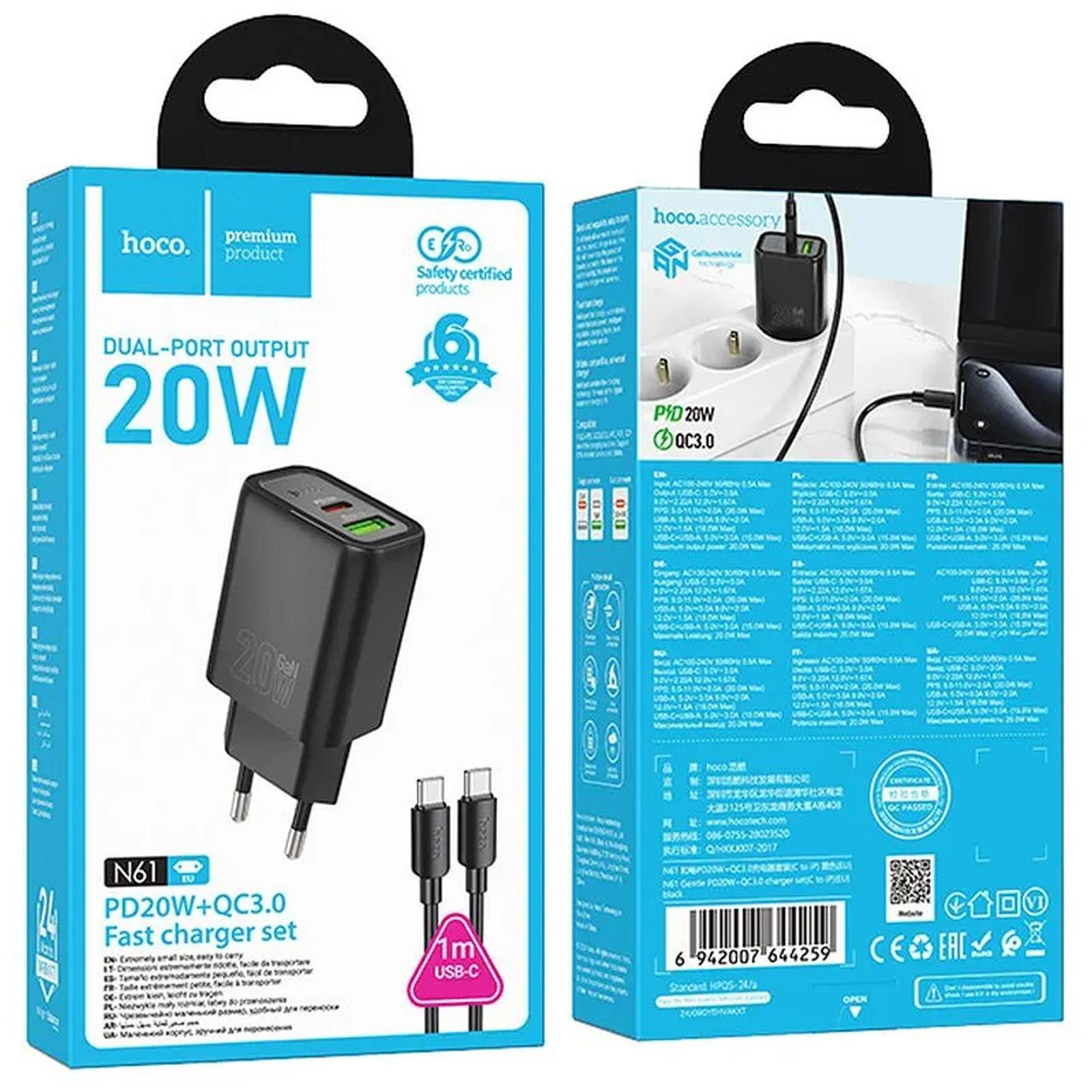 hoco. 20W USB Typ C Smartphone-Ladegerät (3000 mA, EU Netz Lade Stecker Ladegerät Charger USB C Dual Charge)