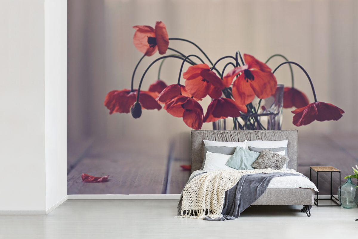 MuchoWow Fototapete Blumenstrauß aus Mohnblumen, Wohnzimmer, Matt, für Schlafzimmer, bedruckt, St), Wallpaper Vinyl Tapete (6 Kinderzimmer