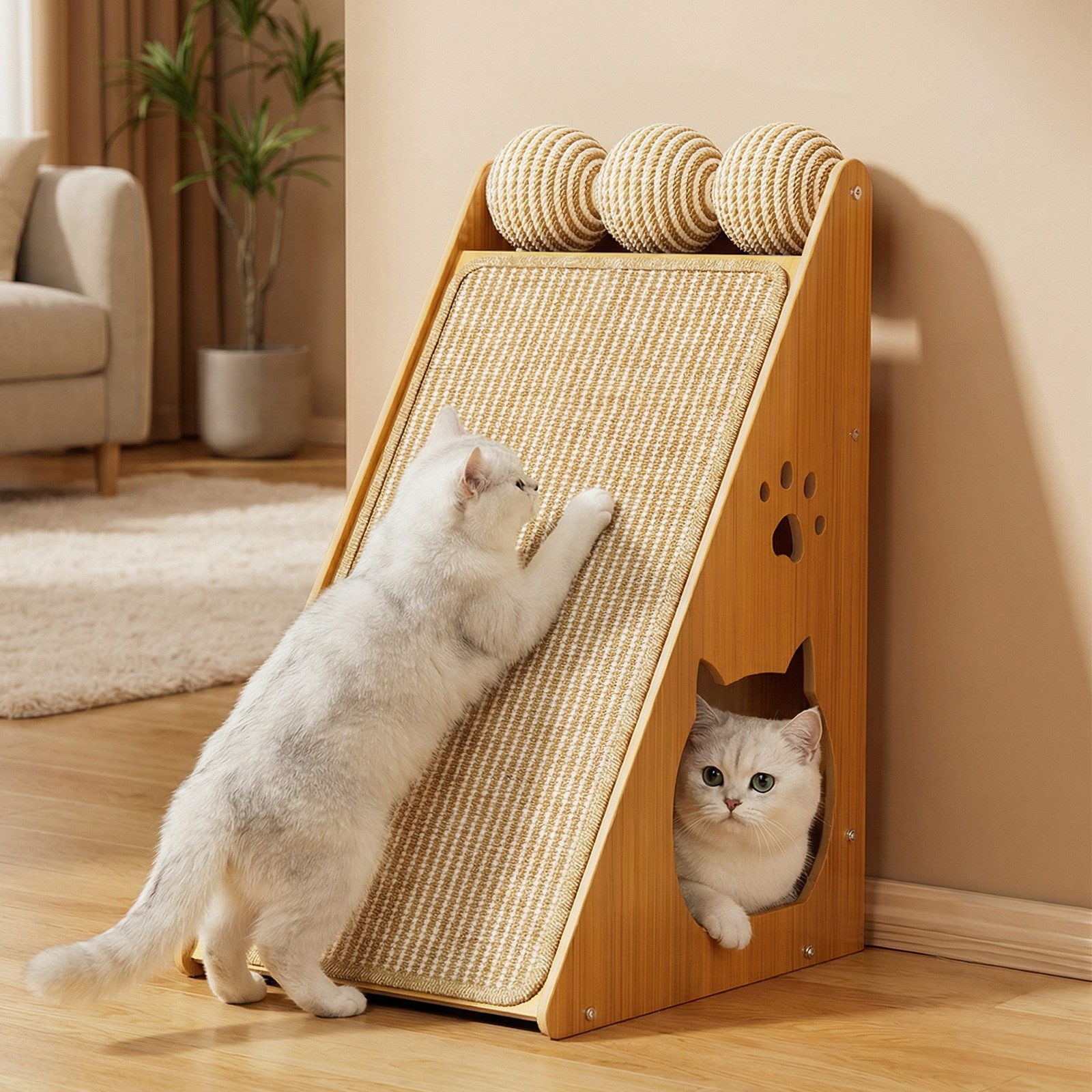 BlingBin Kratzbrett Kratzpappe aus massivem Buchenholz mit 3 Sisal Spielbälle, (1er Set, 1-tlg., mit 3 Sisal Ball), Kratzpappe für Katzen, ideal als Kratzbrett Wand oder Kratzmöbel Katze