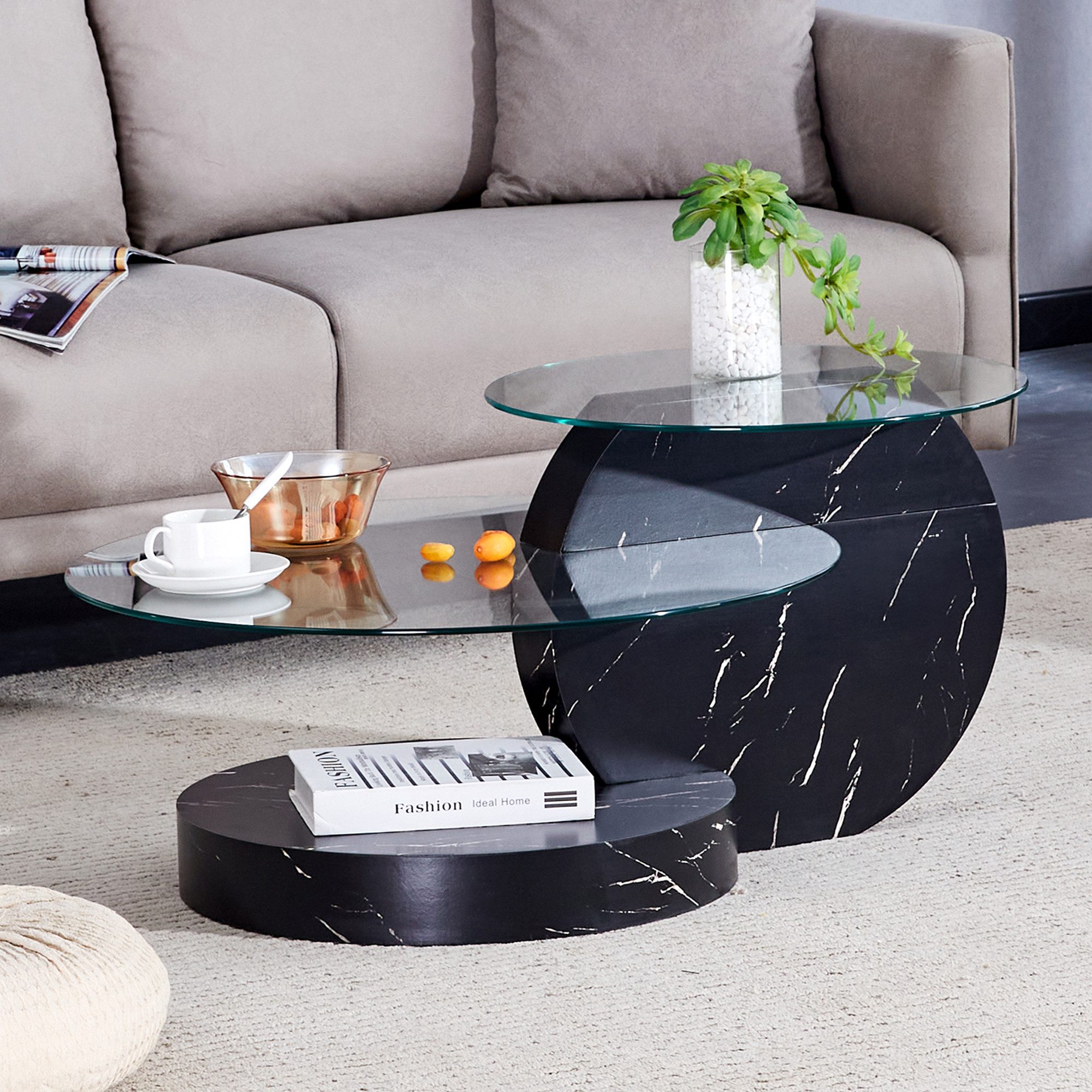 gopop Couchtisch 2er Set, Rundes Glas-Beistelltisch Wohnzimmertisch mit Stauraum, 6 mm Hartglasplatten, MDF-Basis, 90x70 cm