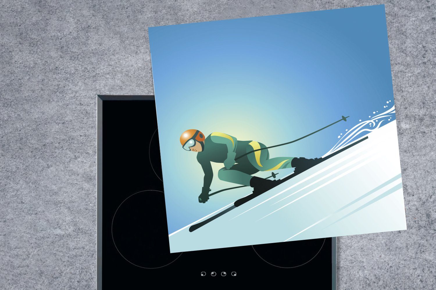 cm, (1 Vinyl, Herdblende-/Abdeckplatte küche Piste, tlg), auf für steilen Ceranfeldabdeckung, Skifahrers 78x78 einer Arbeitsplatte MuchoWow Illustration eines