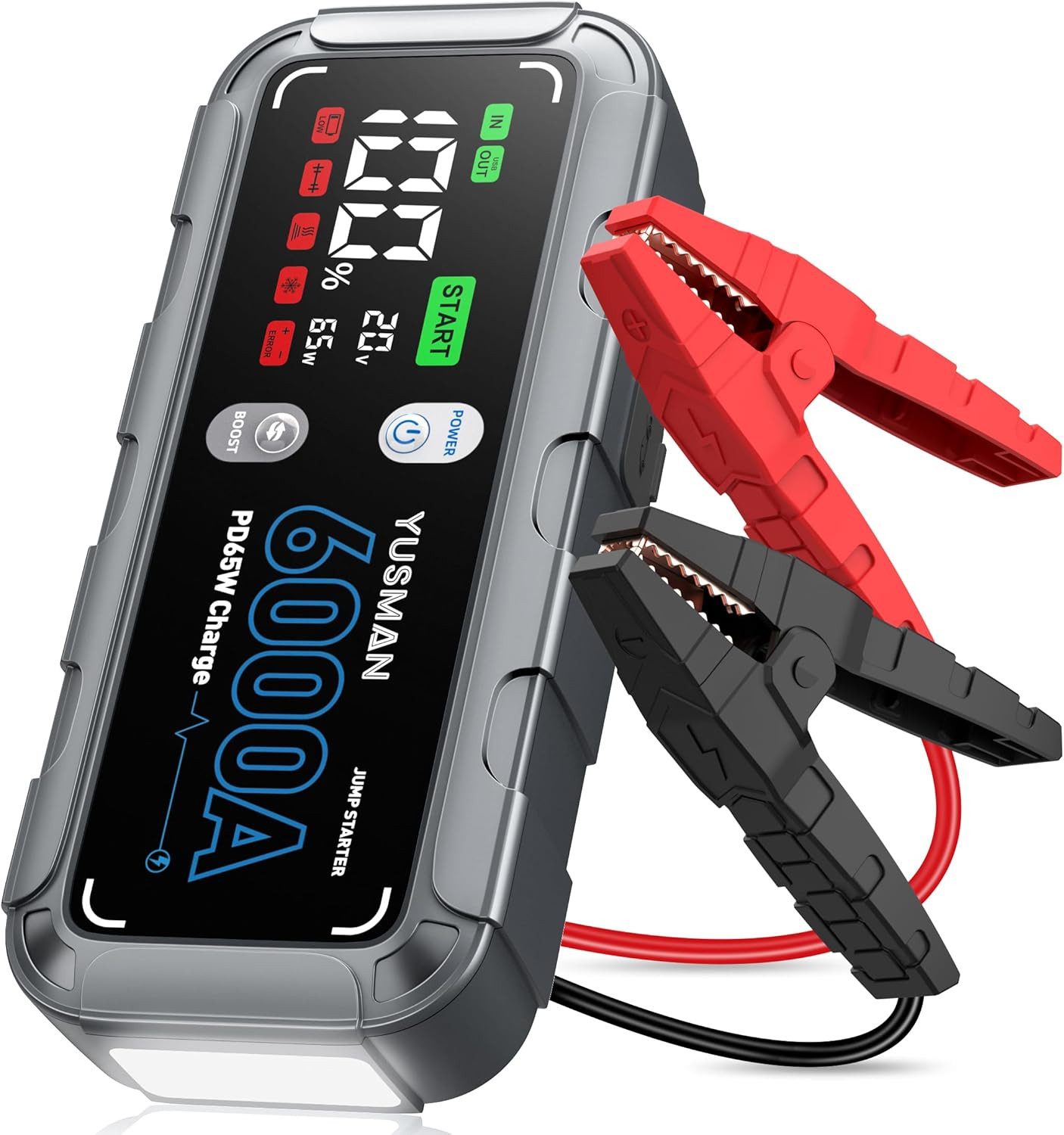 iPowLax Starthilfegerät Powerbank Booster 26800 mAh (12 V), 6000A Starthilfe 65W USB-C PD, Farbdisplay & LED-Notleuchte