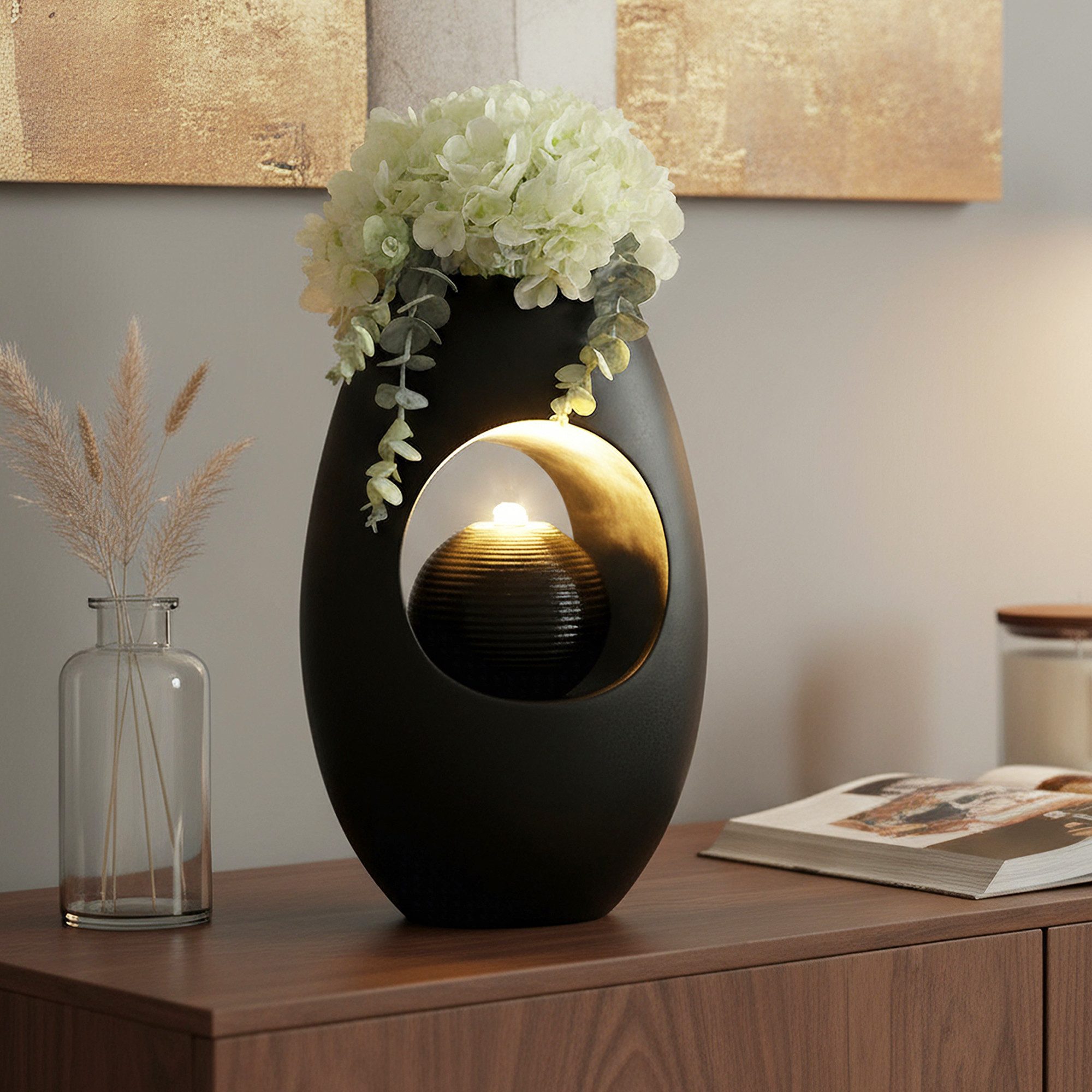 Arnusa Zimmerbrunnen Tischbrunnen mit Vase schwarz 40 cm warmweiße LED Bele günstig online kaufen