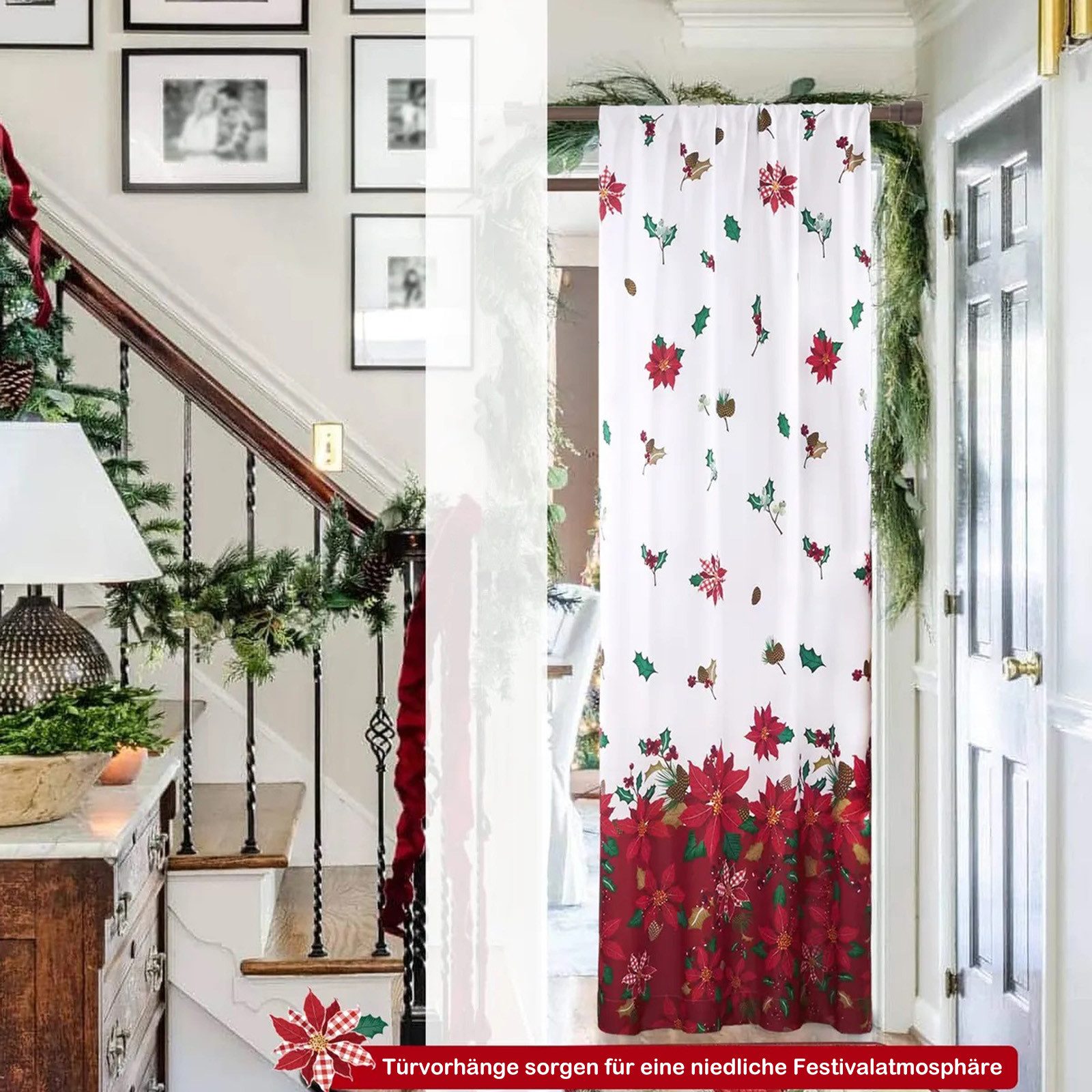 BTTO V&G Gardine Weihnachtsvorhang mit Blumenmuster 2 Stück, verdunkelnd, Stangentasche Obere und Untere